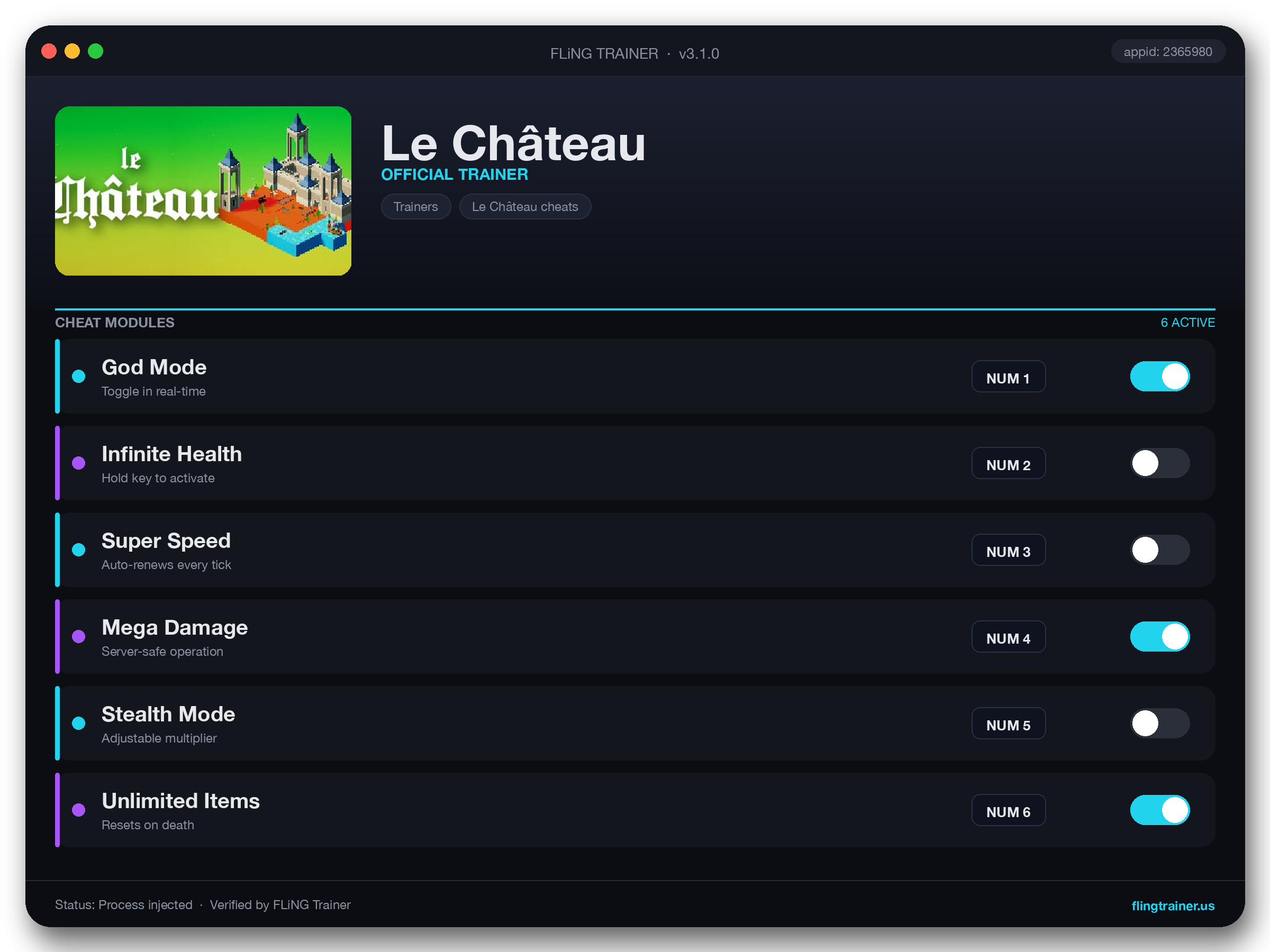 Le Château Trainer interface