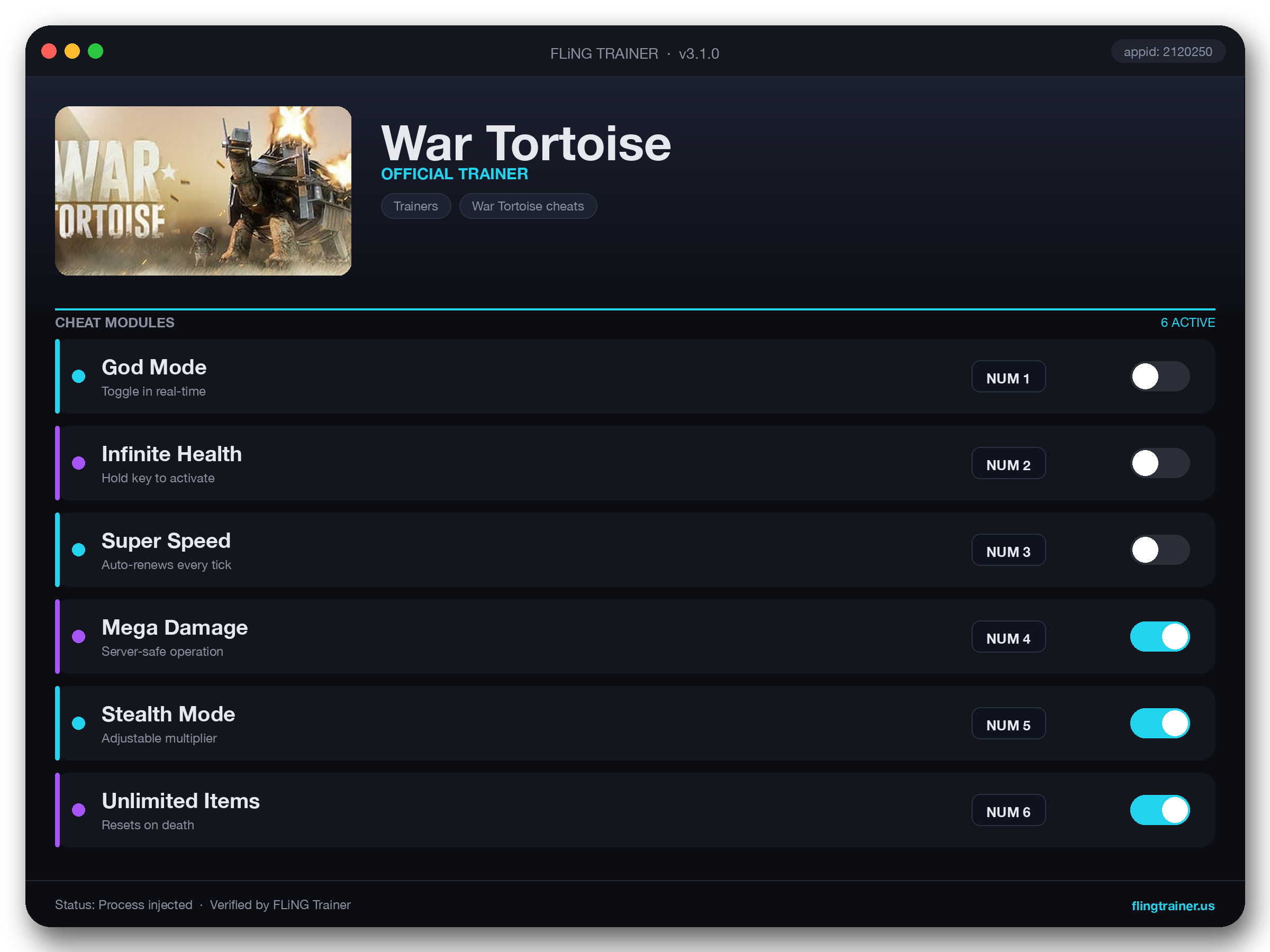 War Tortoise Trainer interface