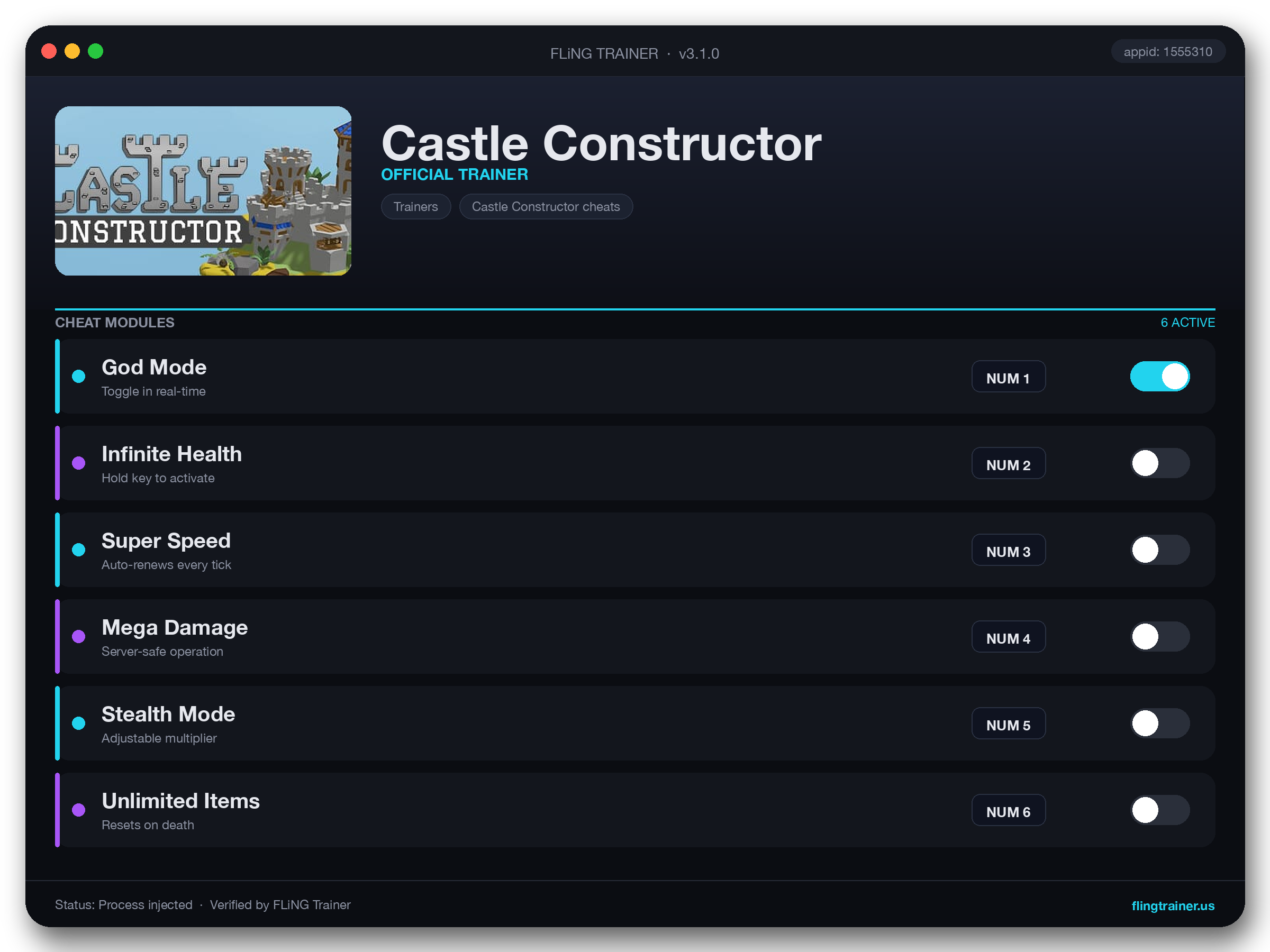 Castle Constructor Trainer interface