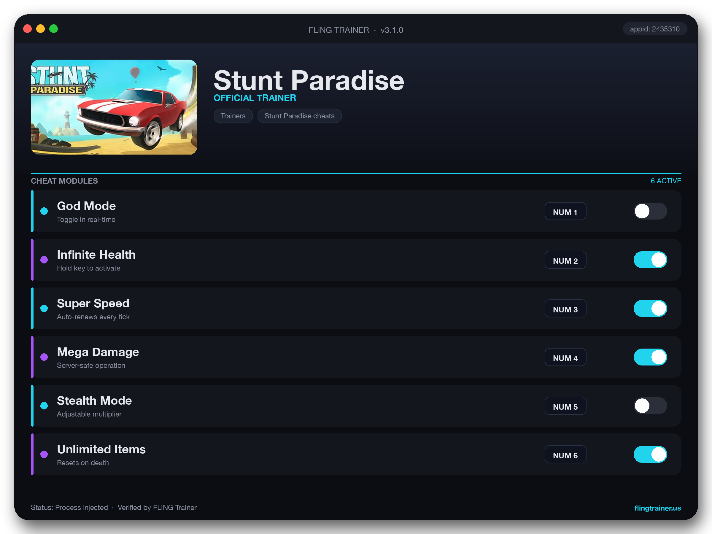 Stunt Paradise Trainer interface