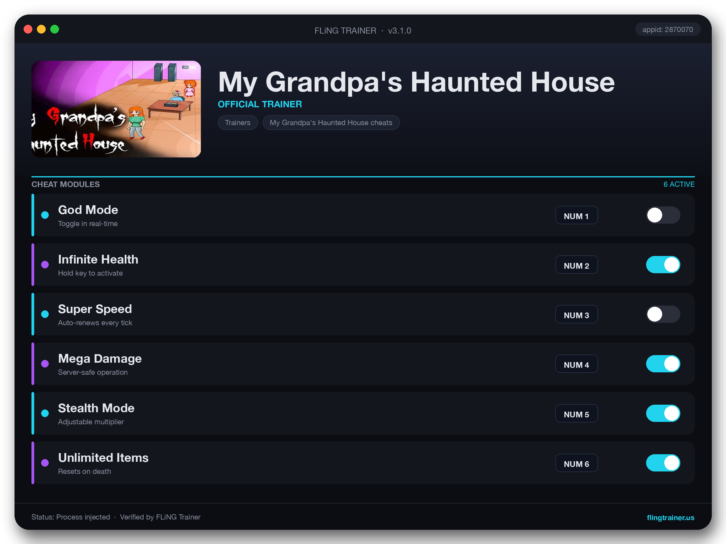 My Grandpa's Haunted House Trainer interface