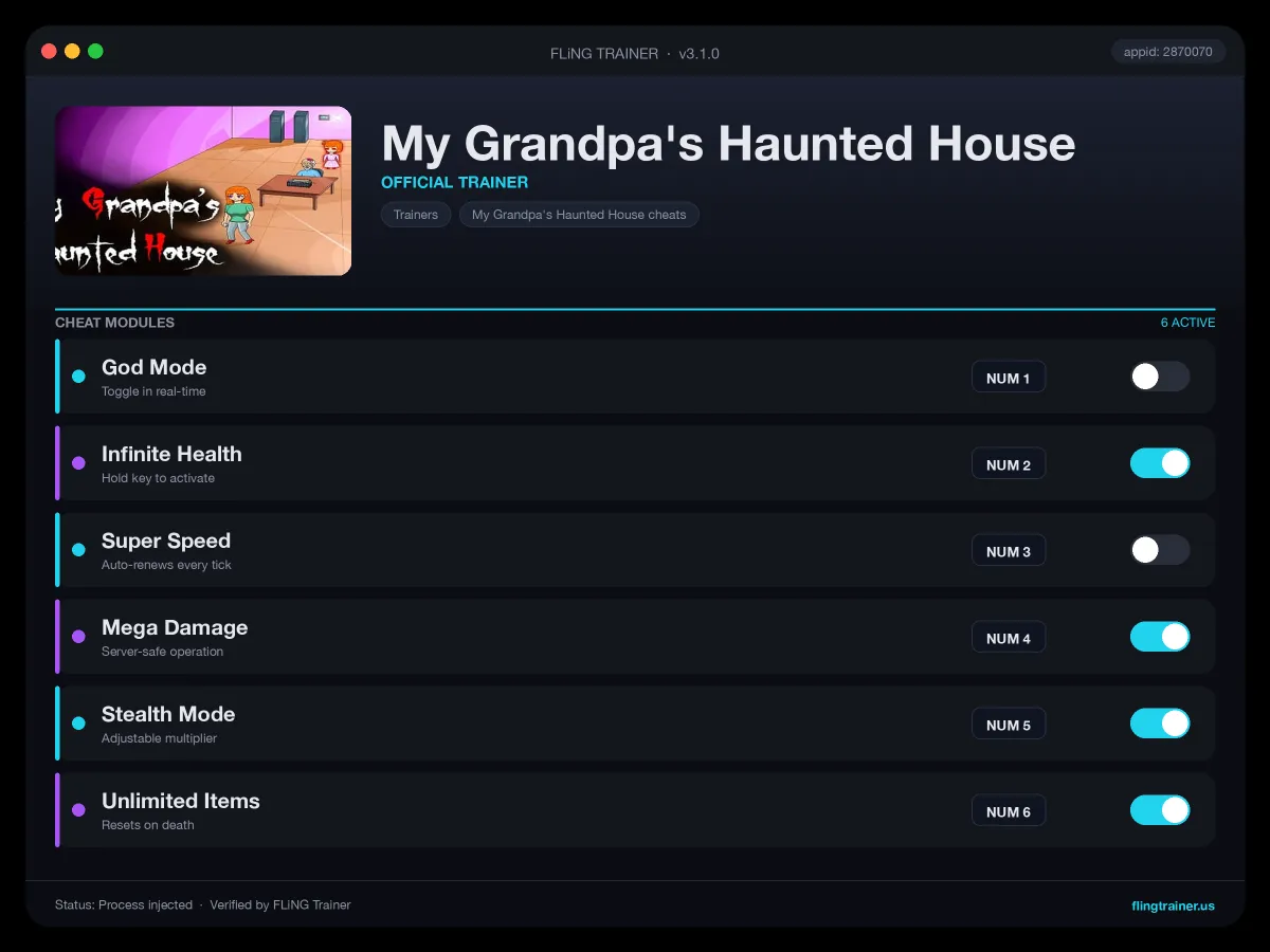 My Grandpa's Haunted House Trainer interface