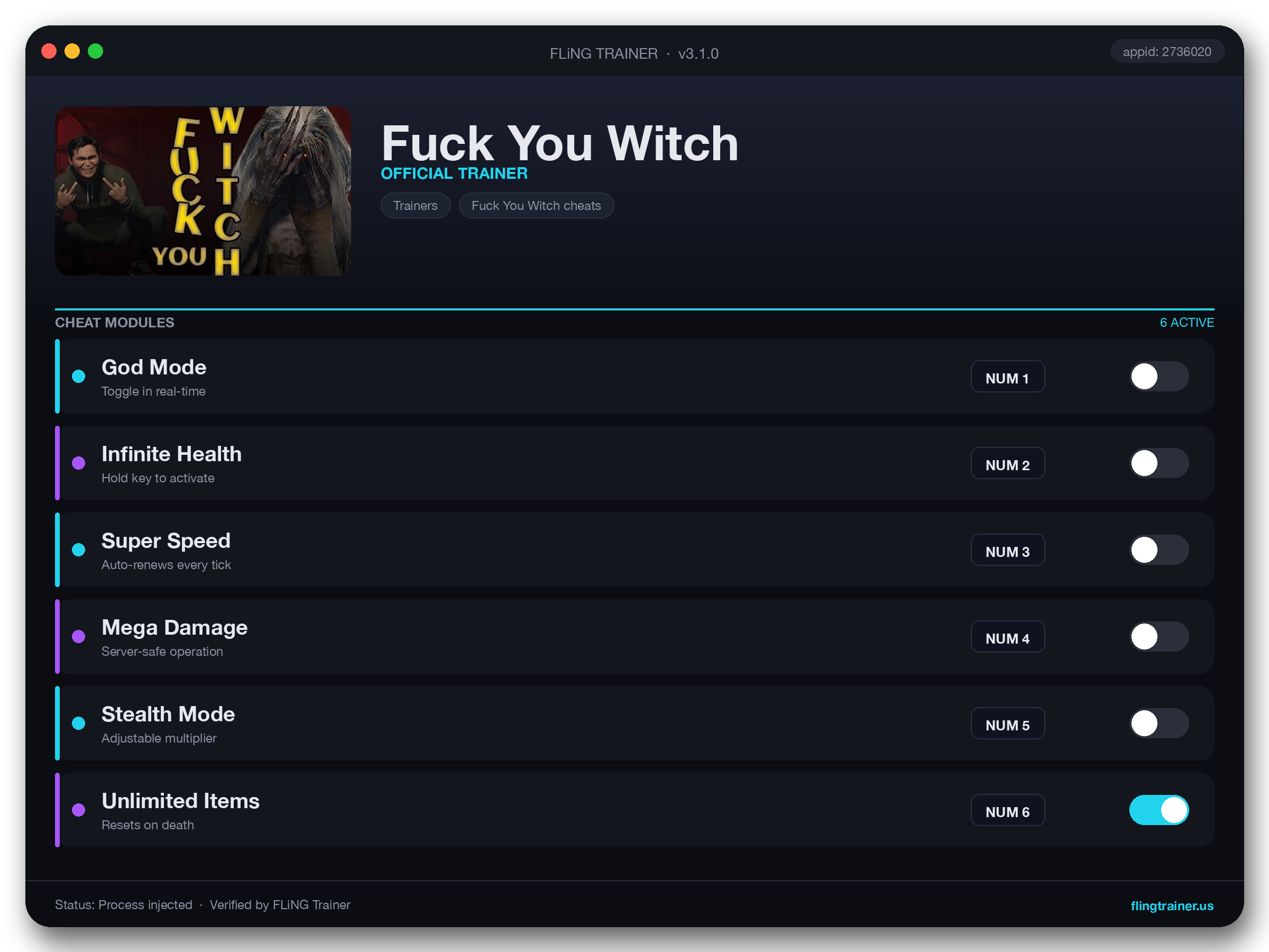 Fuck You Witch Trainer interface