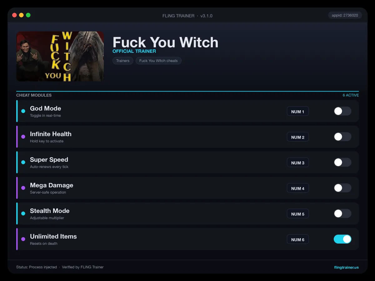 Fuck You Witch Trainer interface