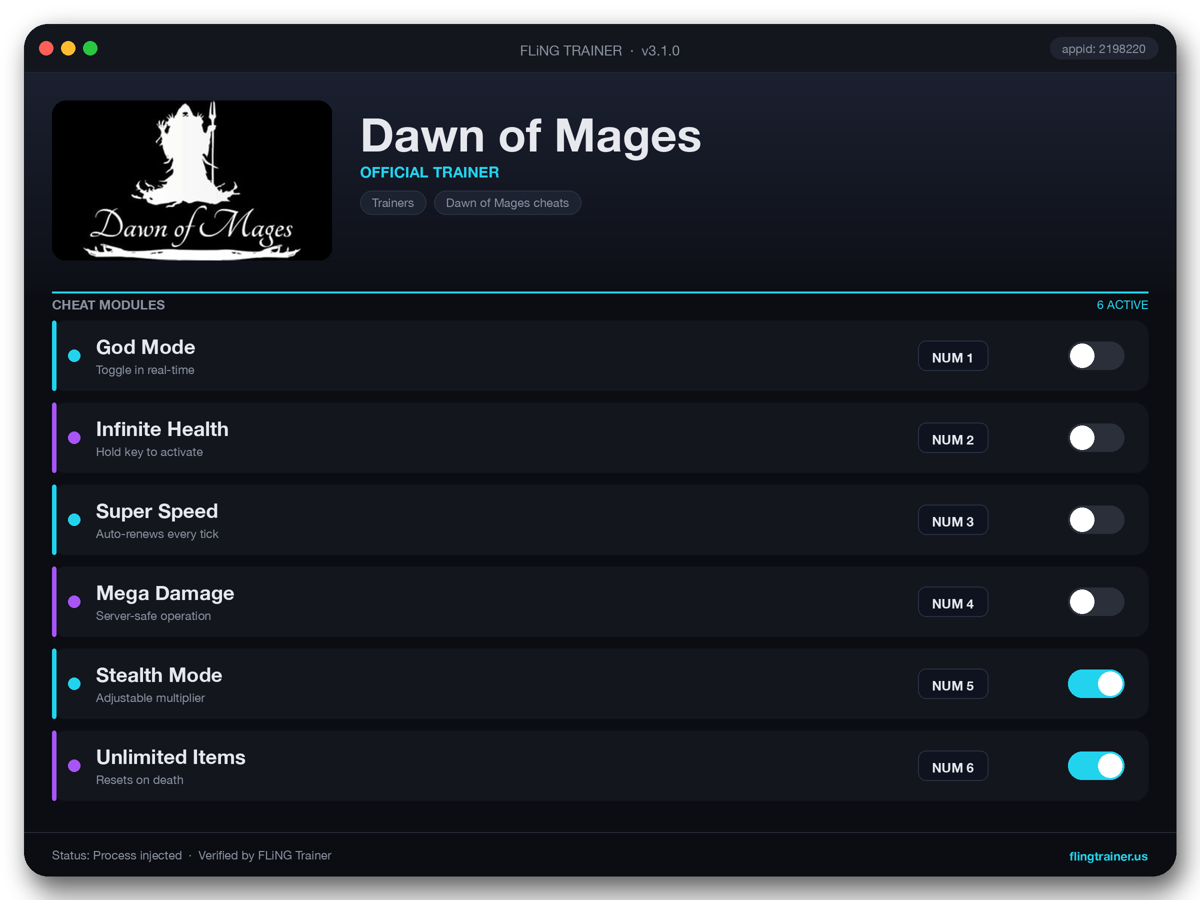 Dawn of Mages Trainer interface