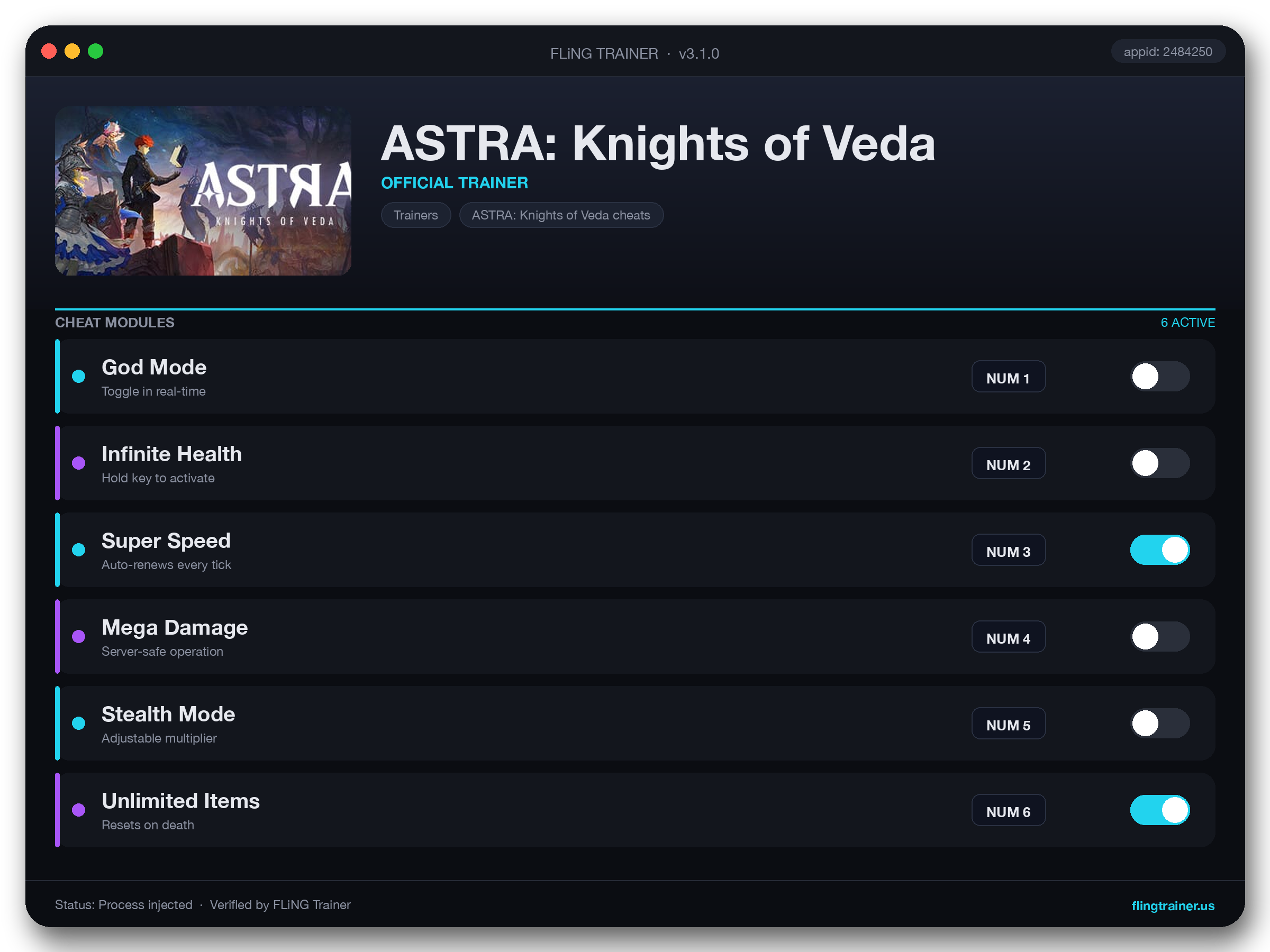 ASTRA: Knights of Veda Trainer interface