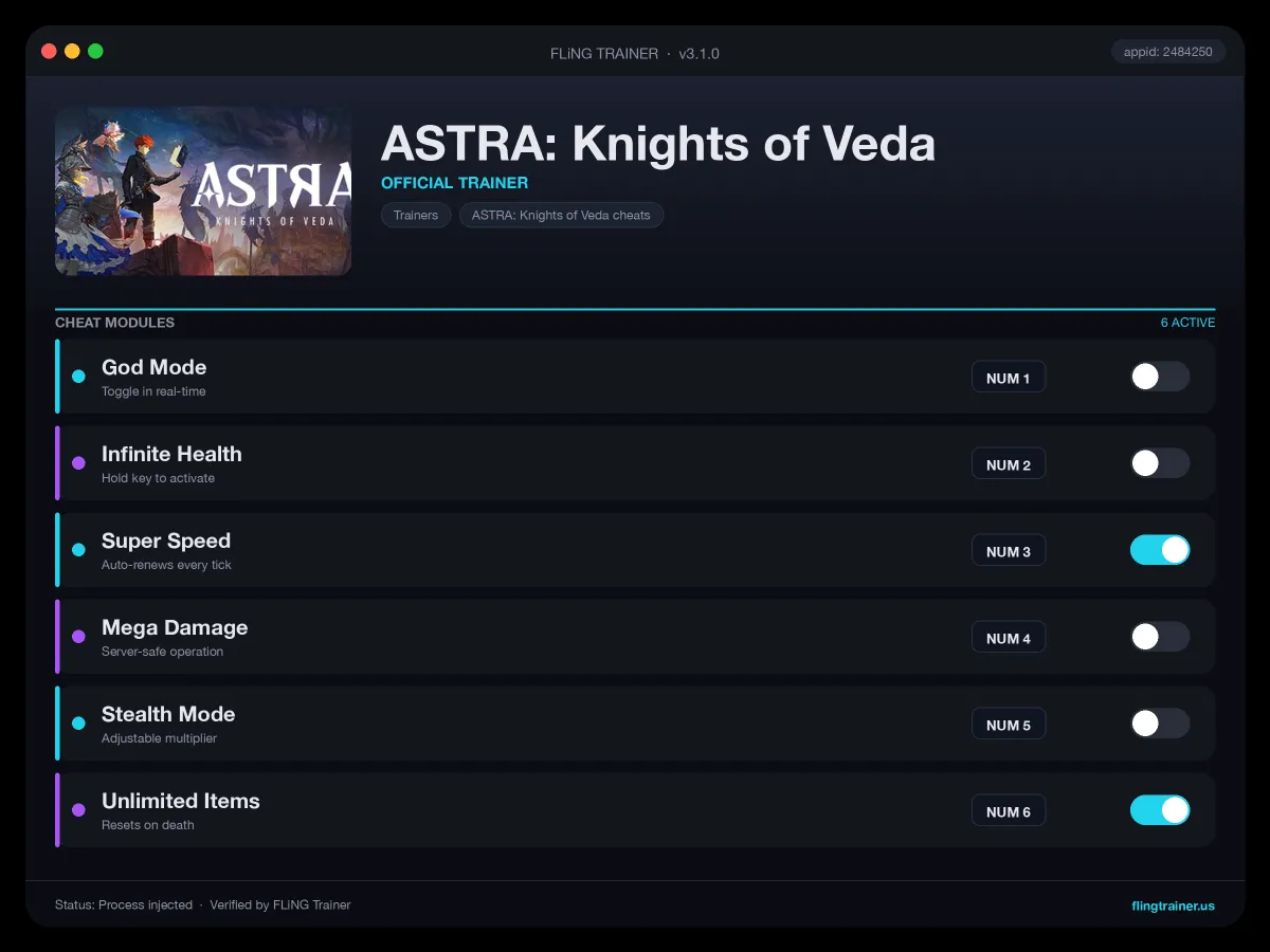 ASTRA: Knights of Veda Trainer interface