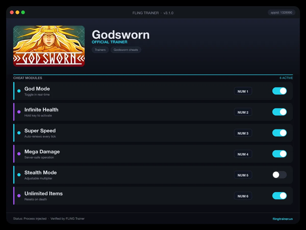 Godsworn Trainer interface