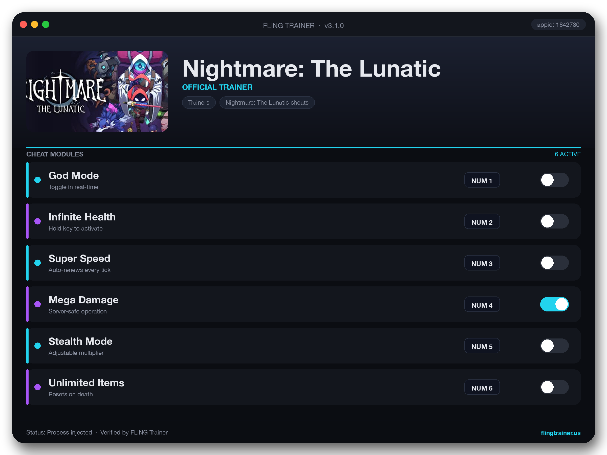Nightmare: The Lunatic Trainer interface
