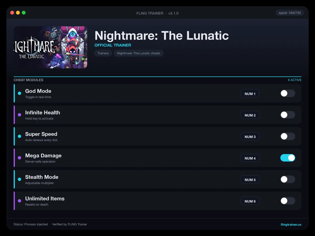 Nightmare: The Lunatic Trainer interface