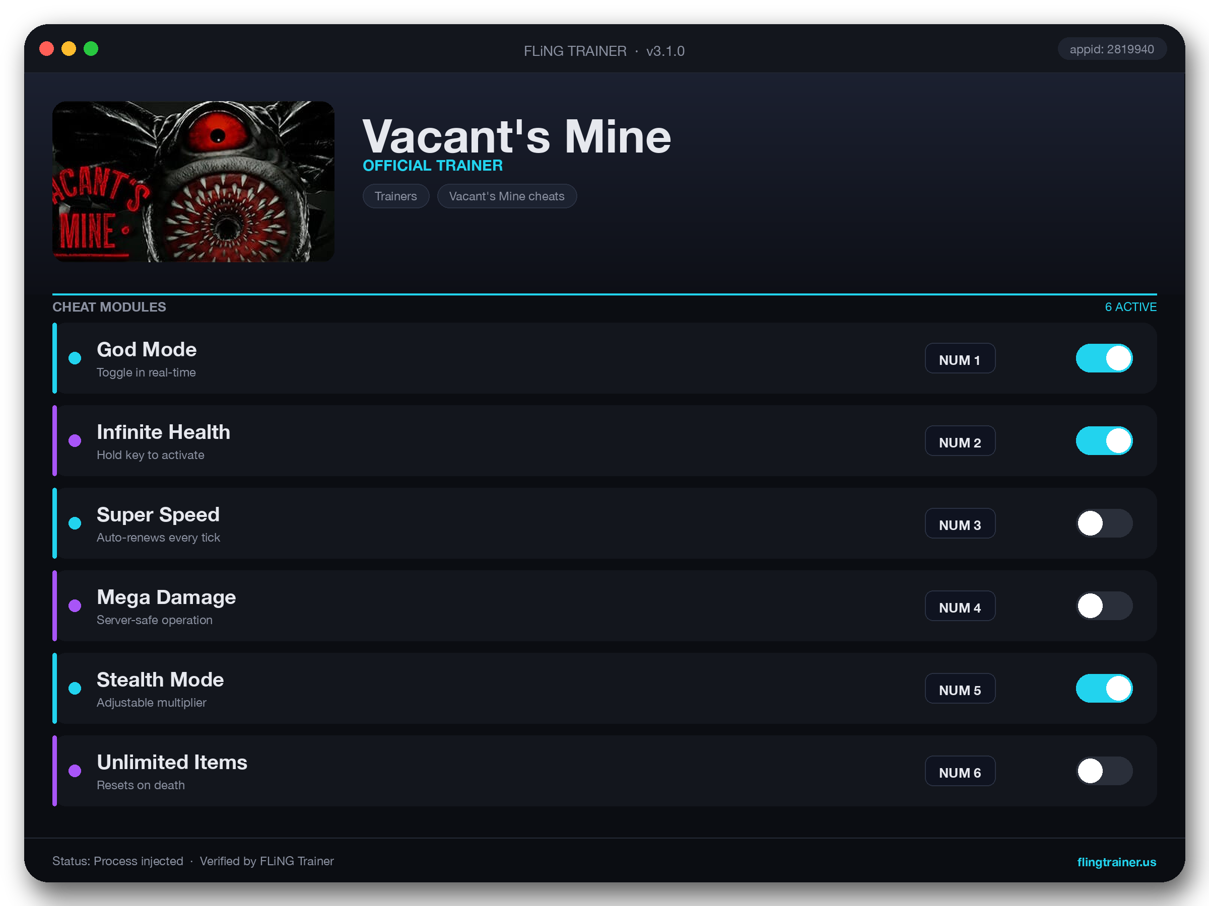 Vacant's Mine Trainer interface