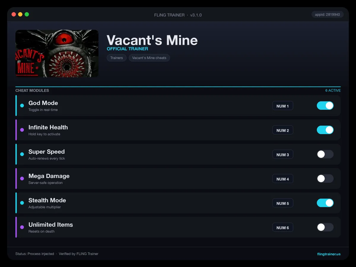 Vacant's Mine Trainer interface