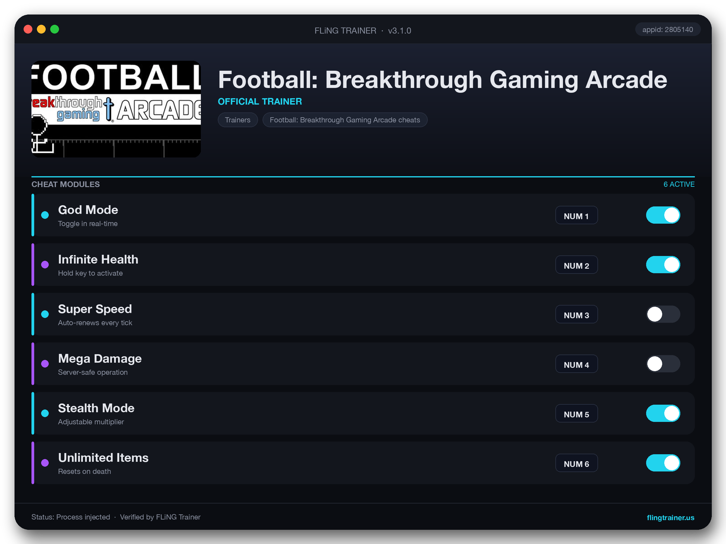 Football: Breakthrough Gaming Arcade Trainer interface