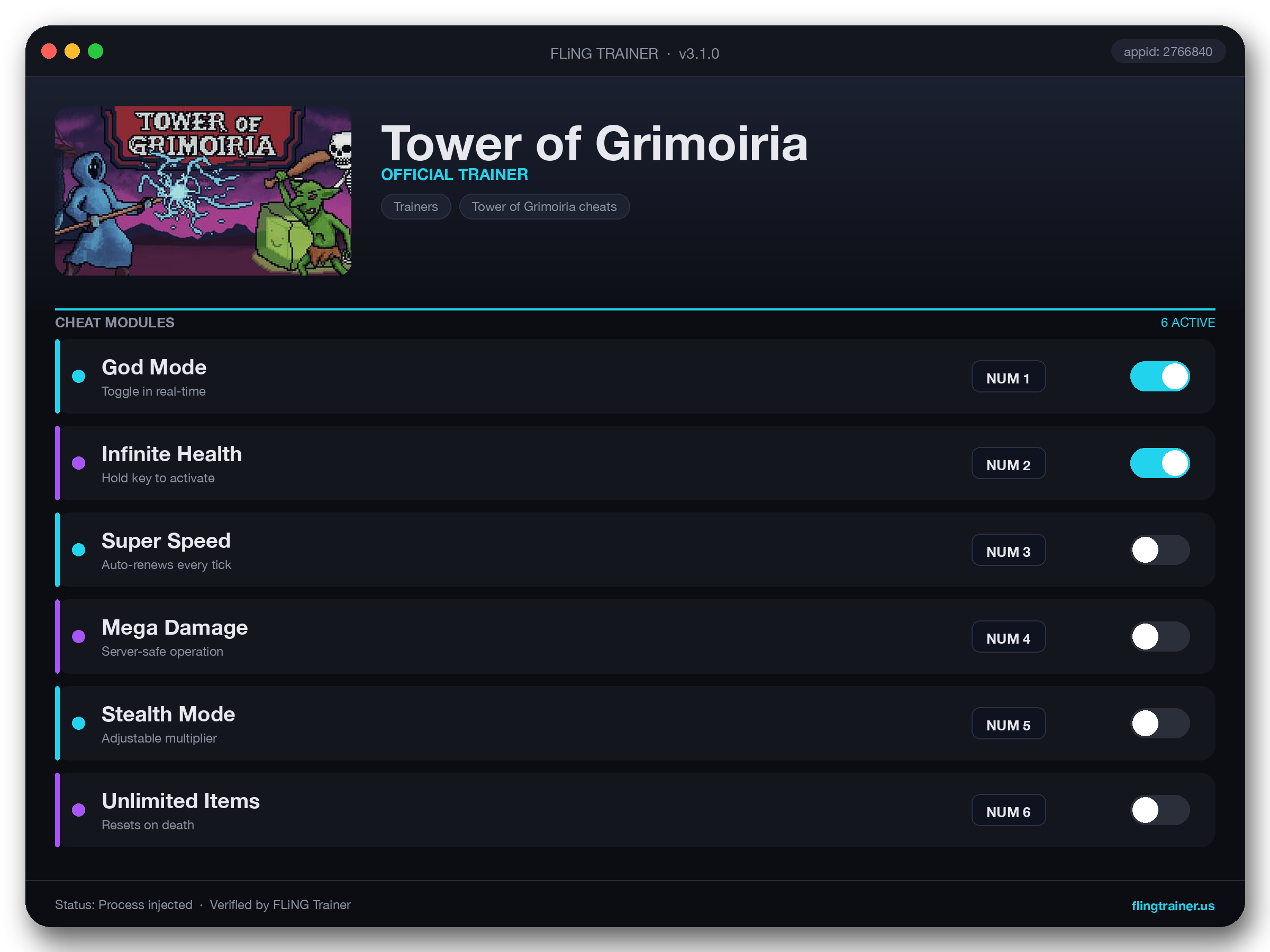 Tower of Grimoiria Trainer interface