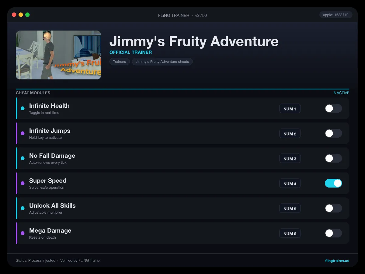 Jimmy's Fruity Adventure Trainer interface