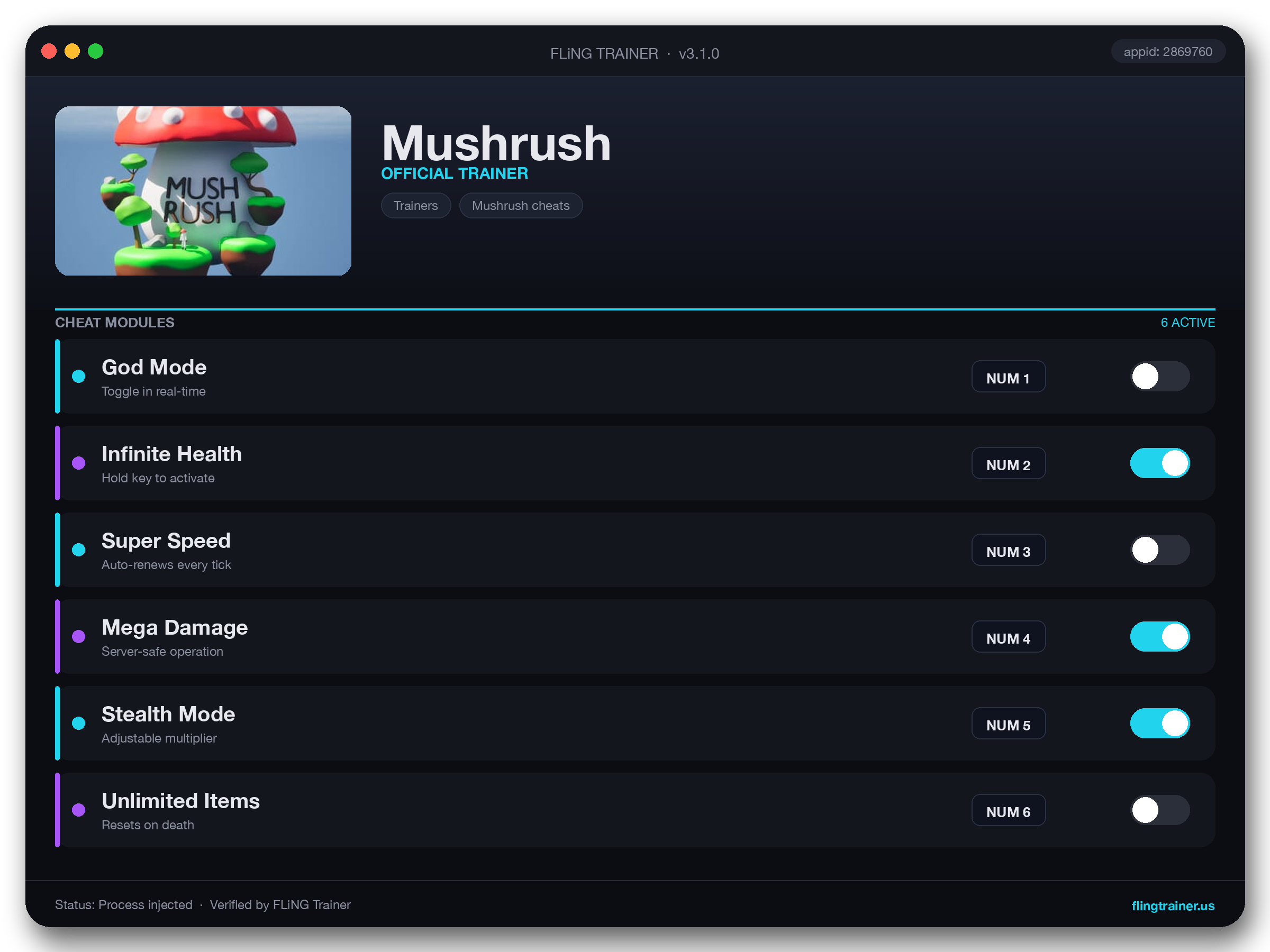 Mushrush Trainer interface