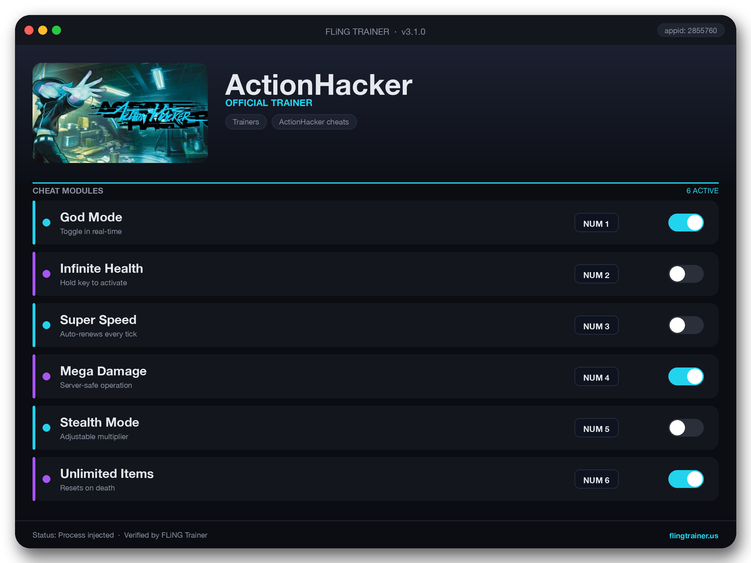 ActionHacker Trainer interface