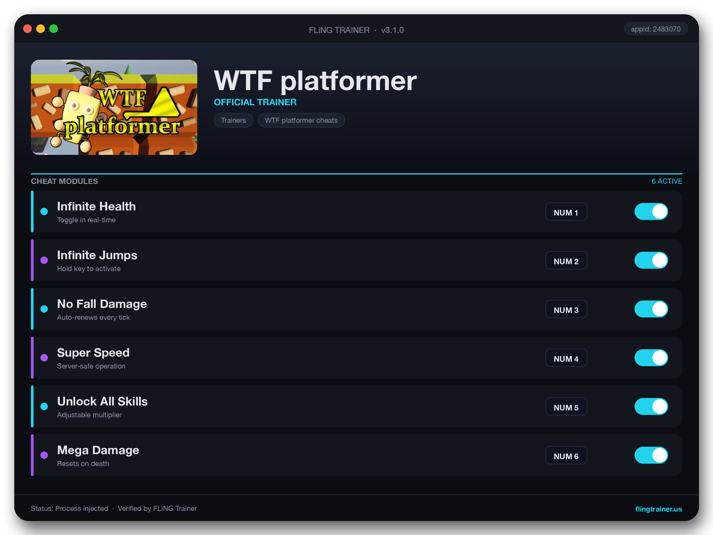 WTF platformer Trainer interface
