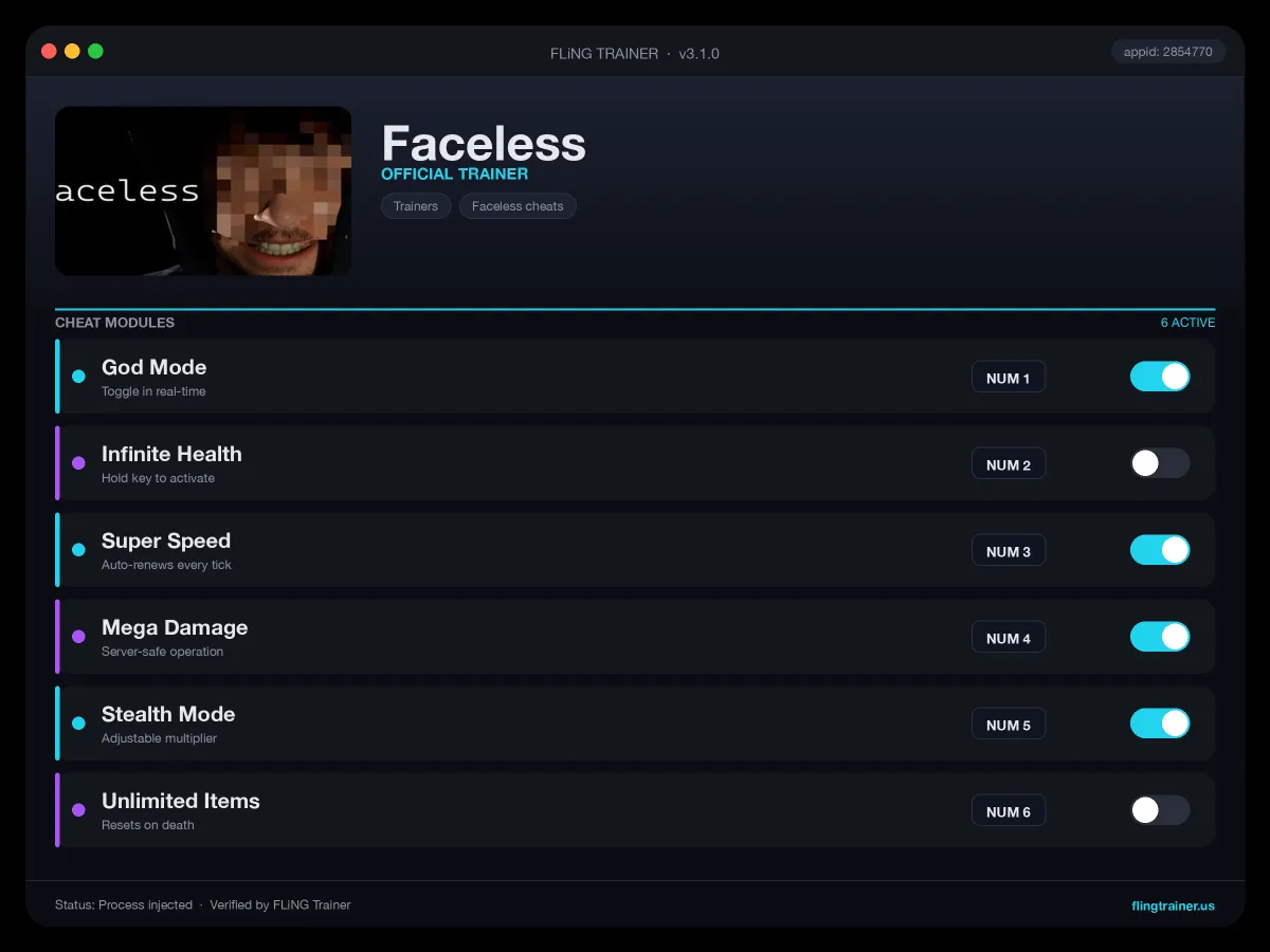 Faceless Trainer interface