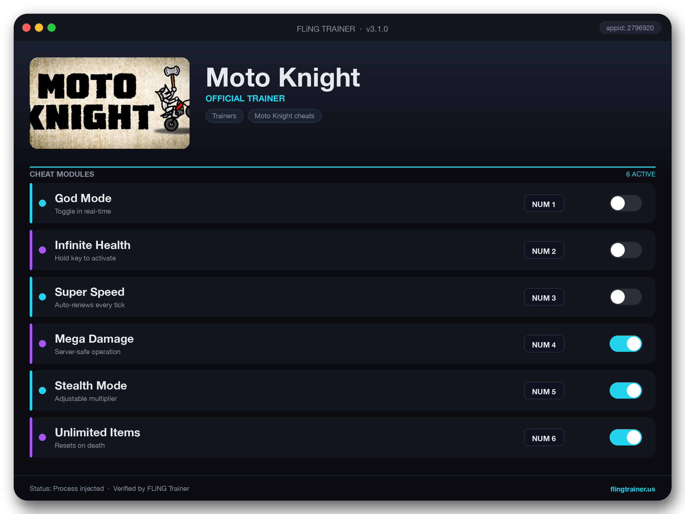 Moto Knight Trainer interface