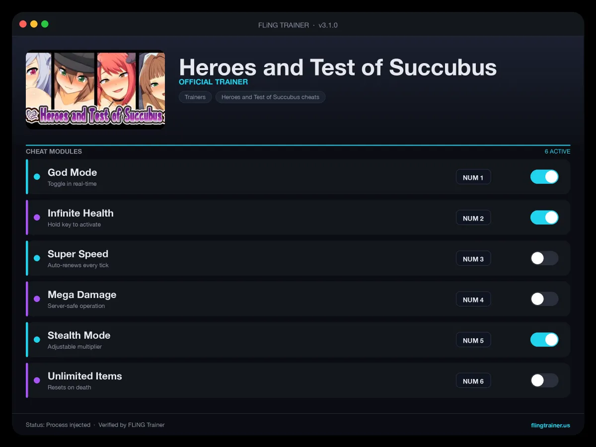 Heroes and Test of Succubus Trainer interface