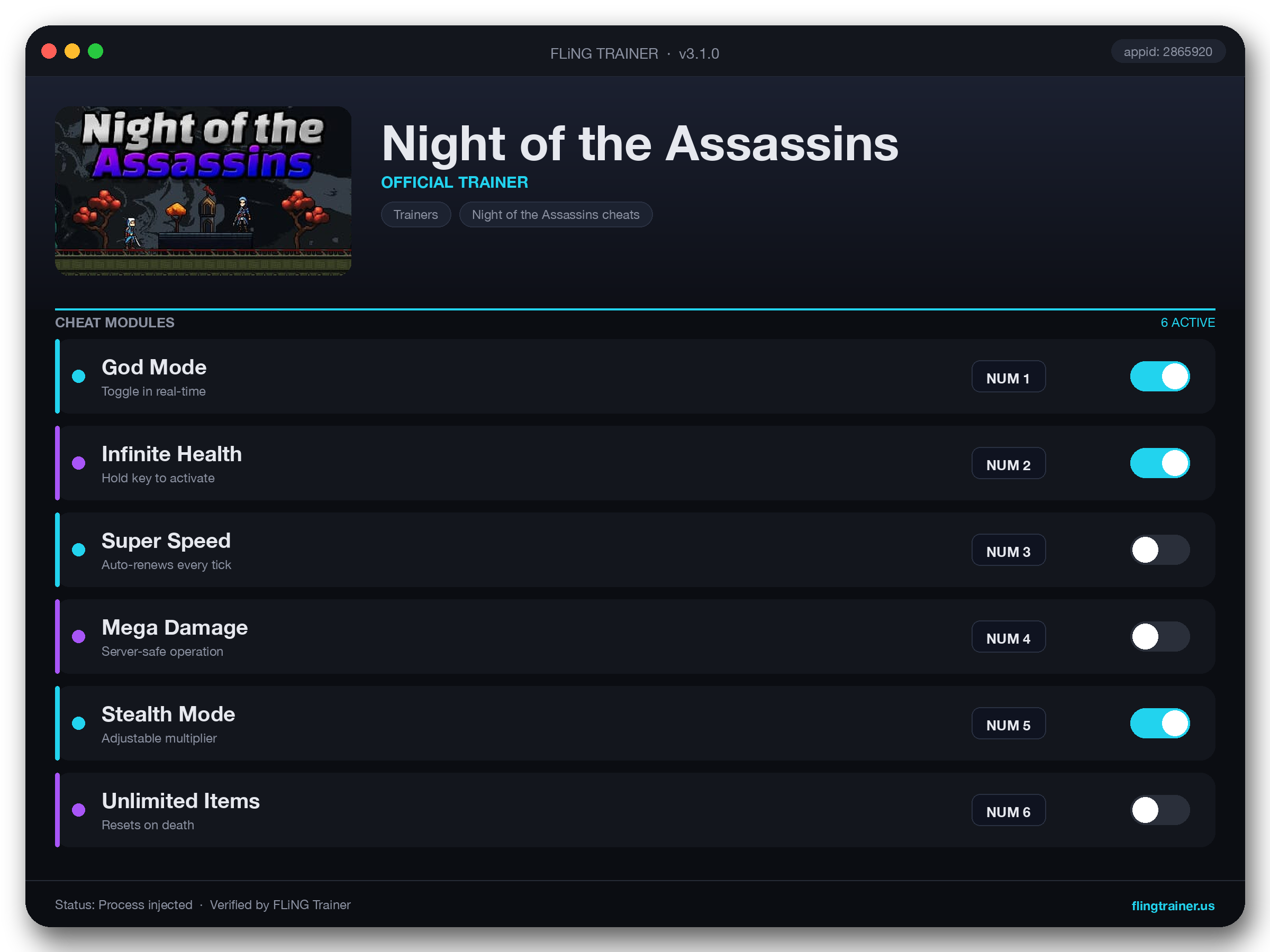 Night of the Assassins Trainer interface