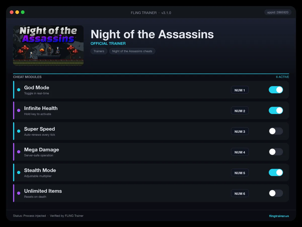 Night of the Assassins Trainer interface