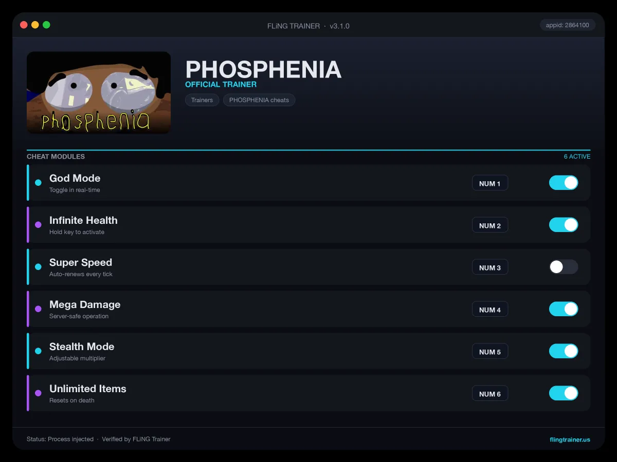 PHOSPHENIA Trainer interface