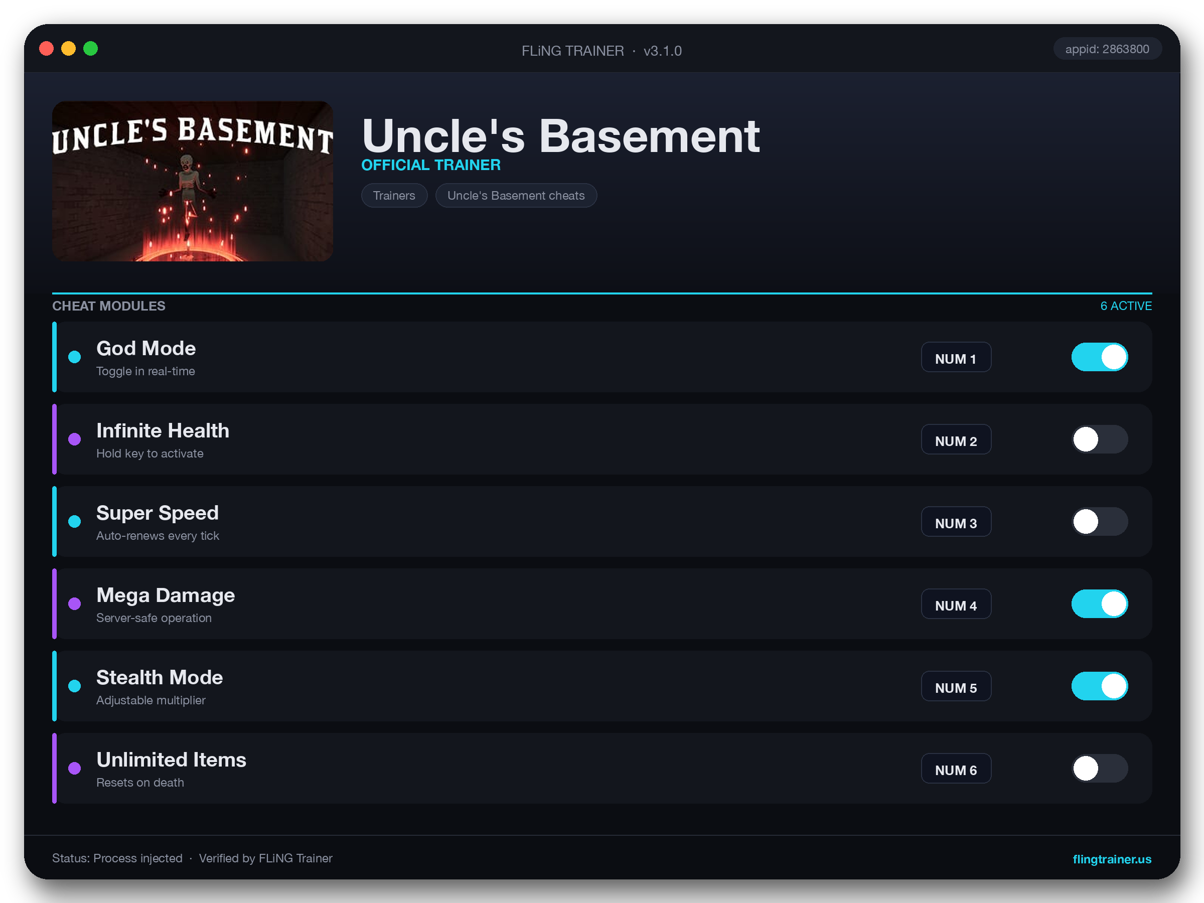 Uncle's Basement Trainer interface