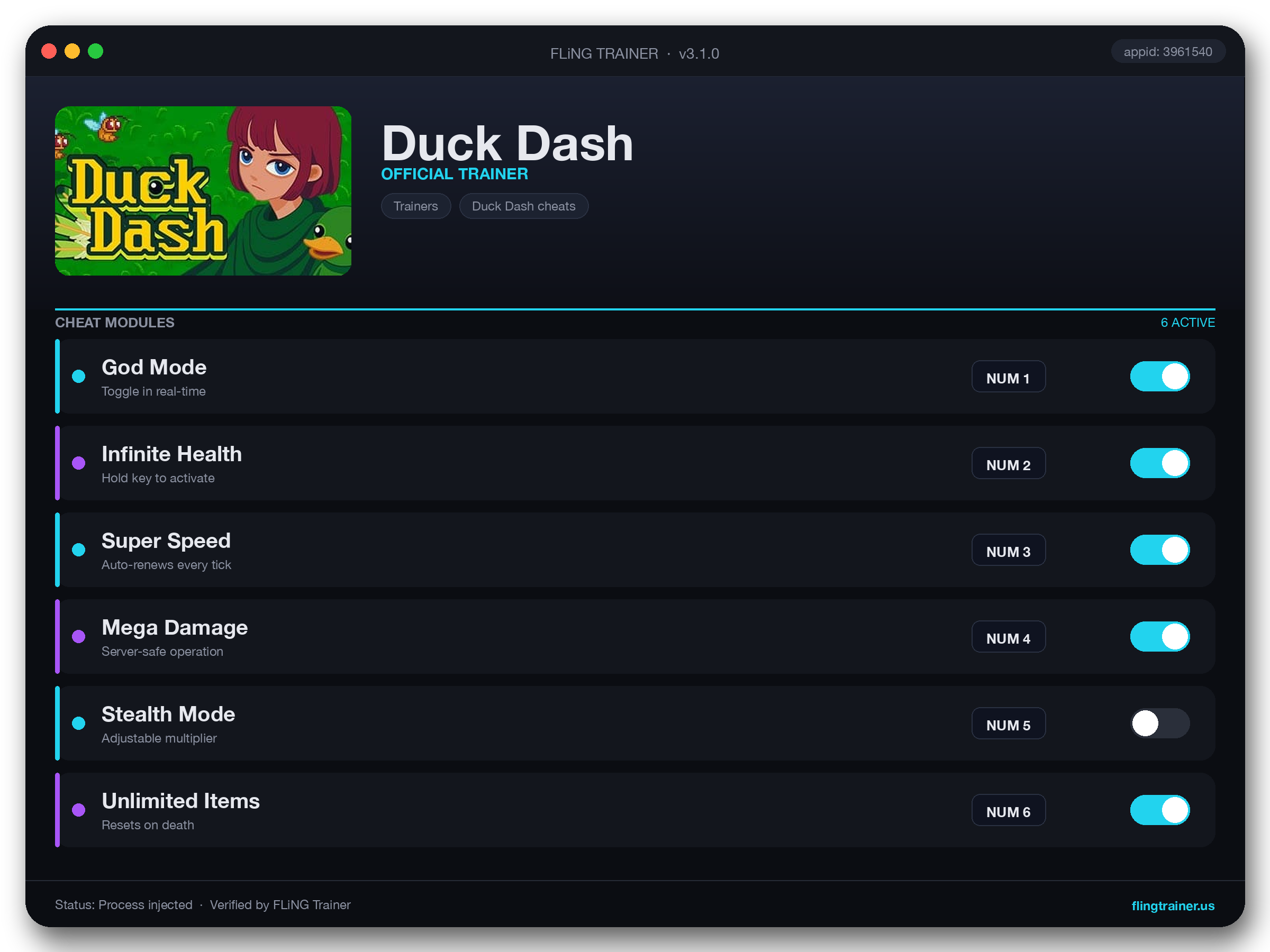 Duck Dash Trainer interface