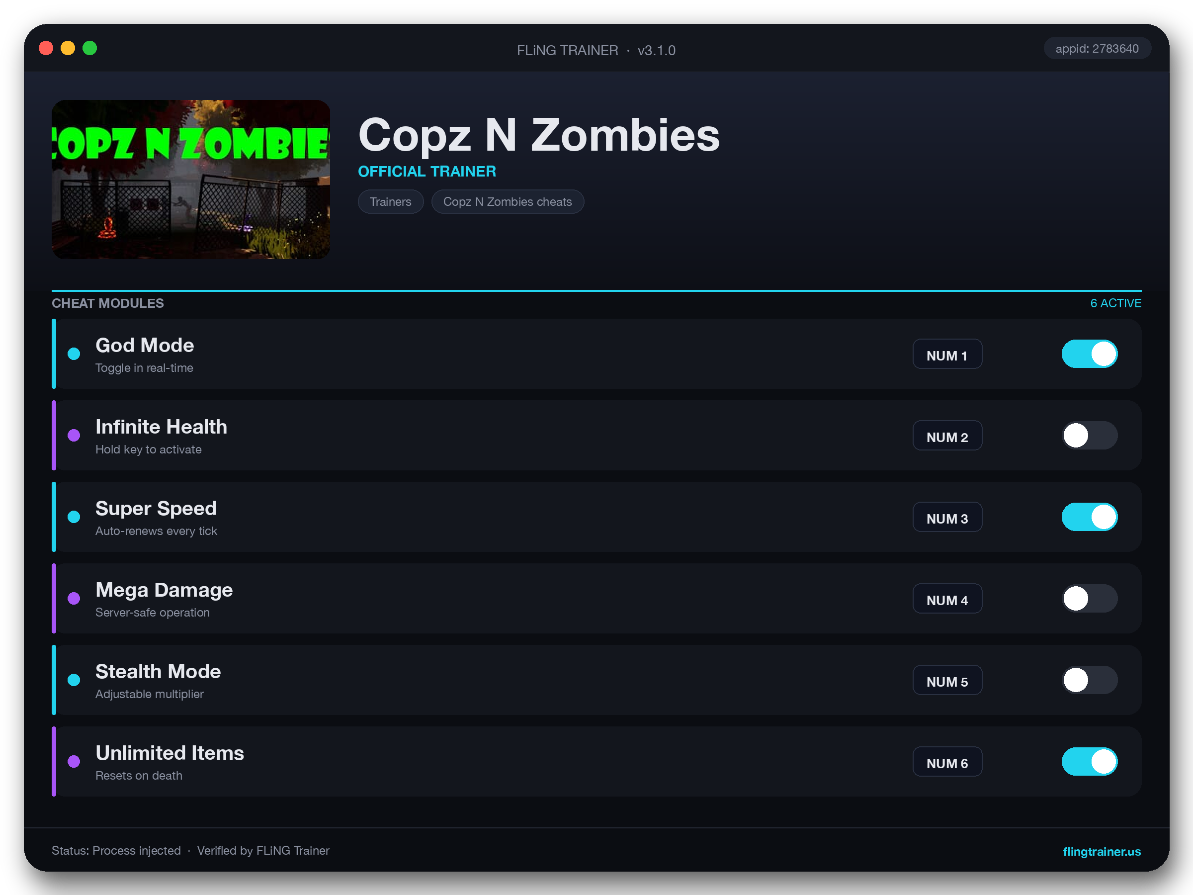 Copz N Zombies Trainer interface