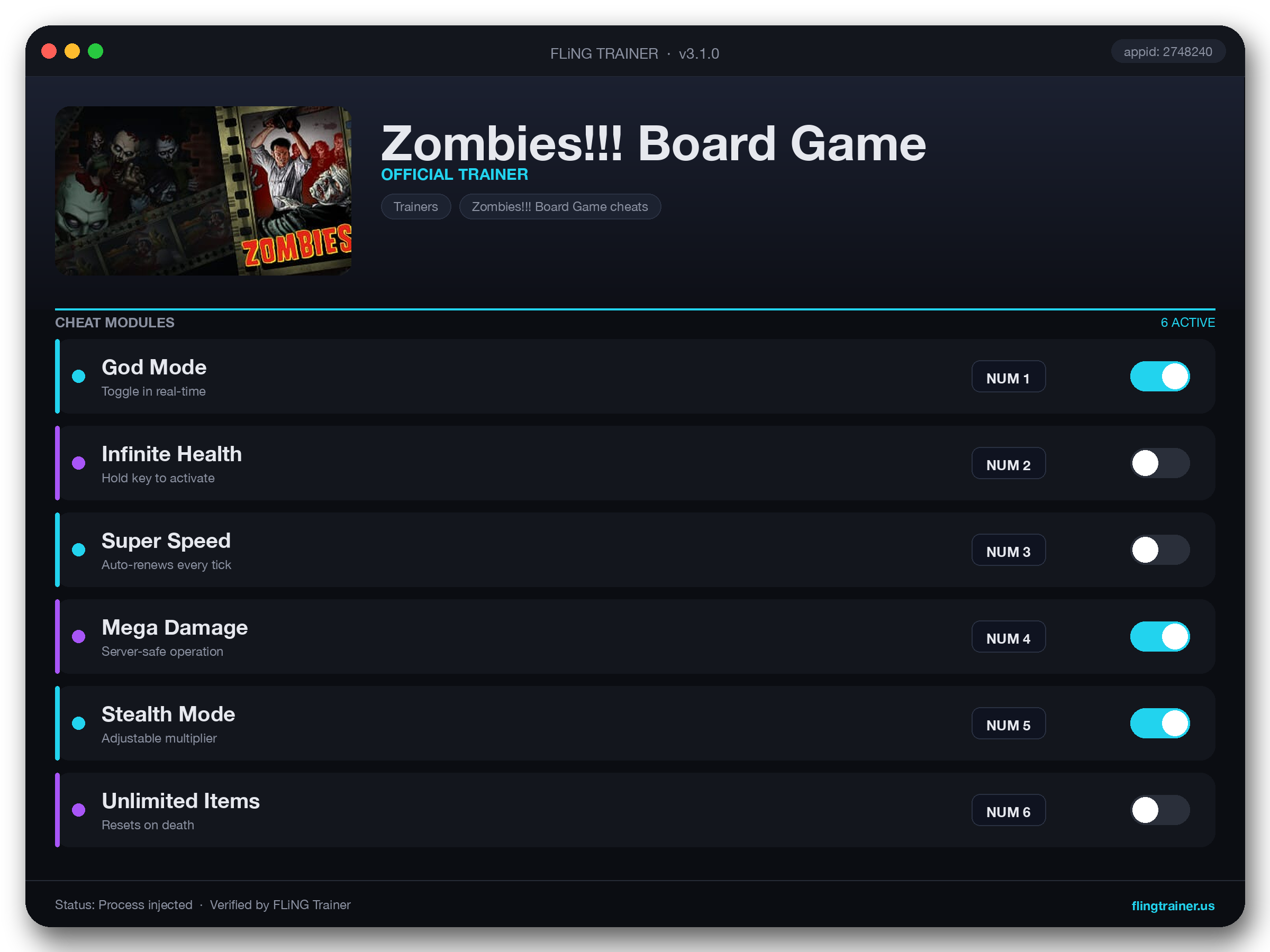 Zombies!!! Board Game Trainer interface