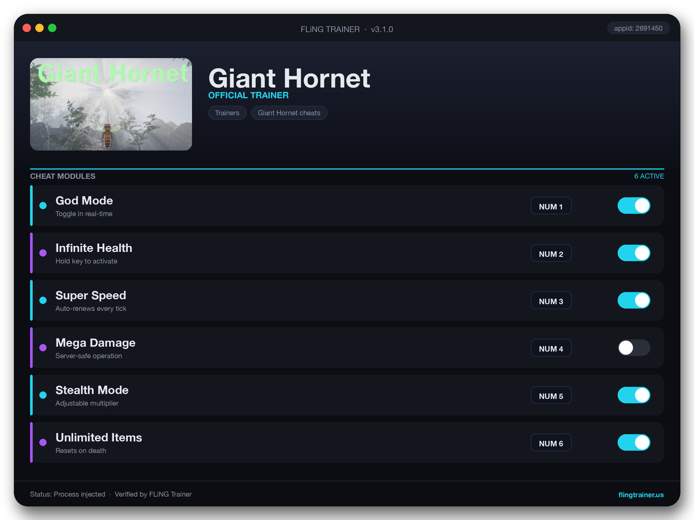 Giant Hornet Trainer interface