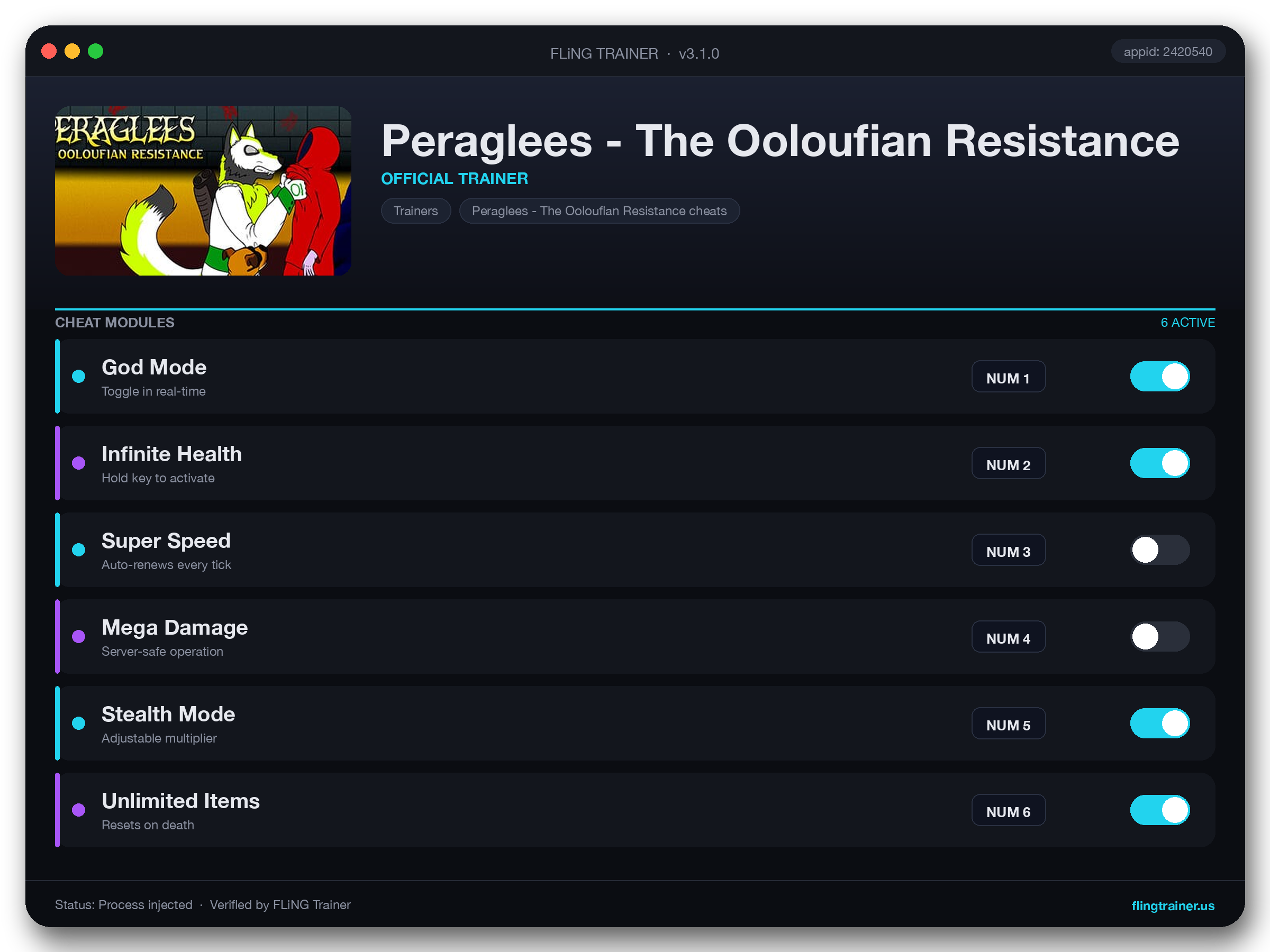 Peraglees - The Ooloufian Resistance Trainer interface