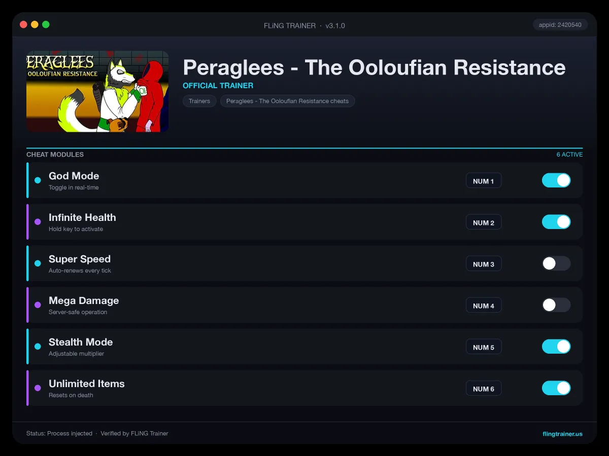 Peraglees - The Ooloufian Resistance Trainer interface