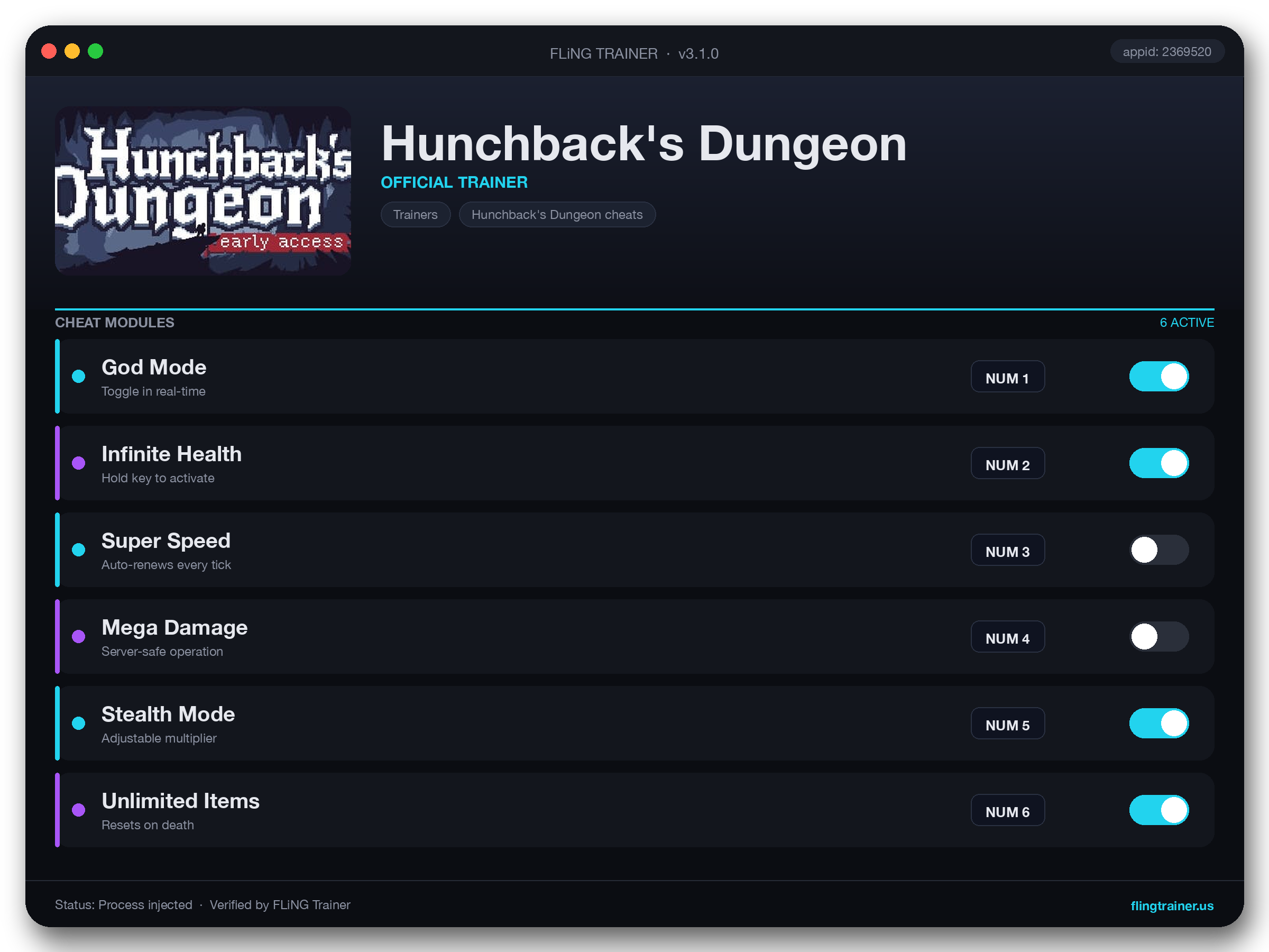Hunchback's Dungeon Trainer interface