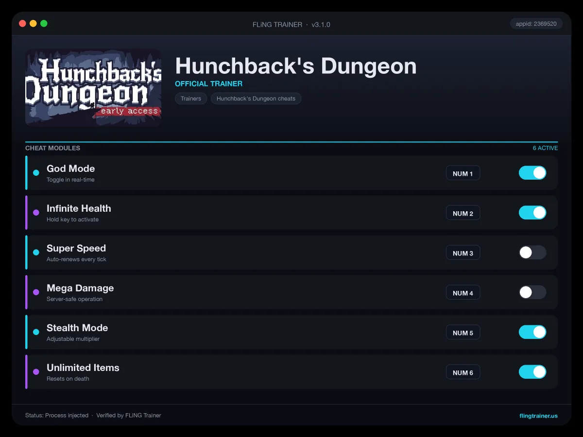 Hunchback's Dungeon Trainer interface
