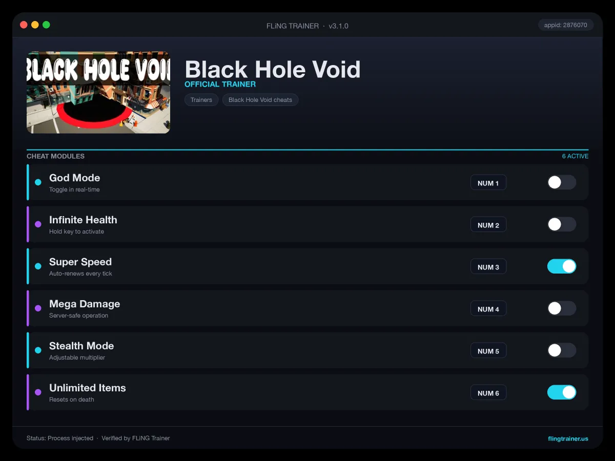 Black Hole Void Trainer interface