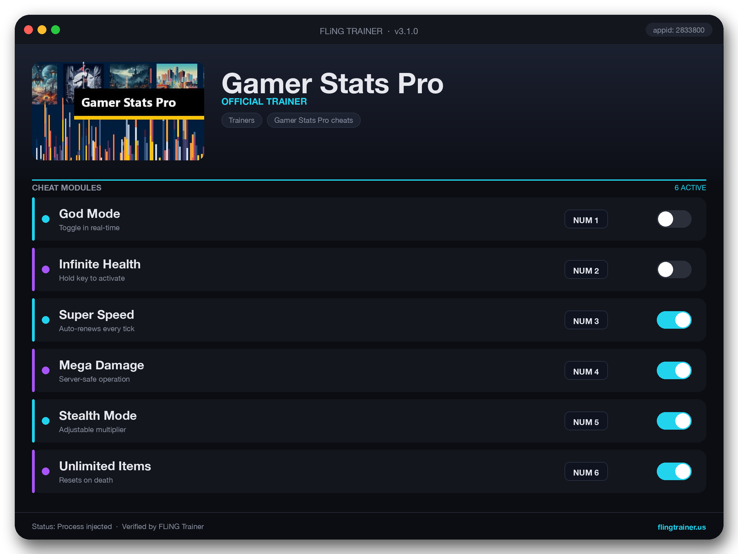 Gamer Stats Pro Trainer interface