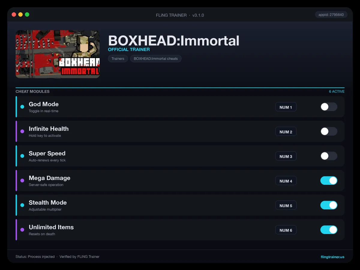 BOXHEAD:Immortal Trainer interface