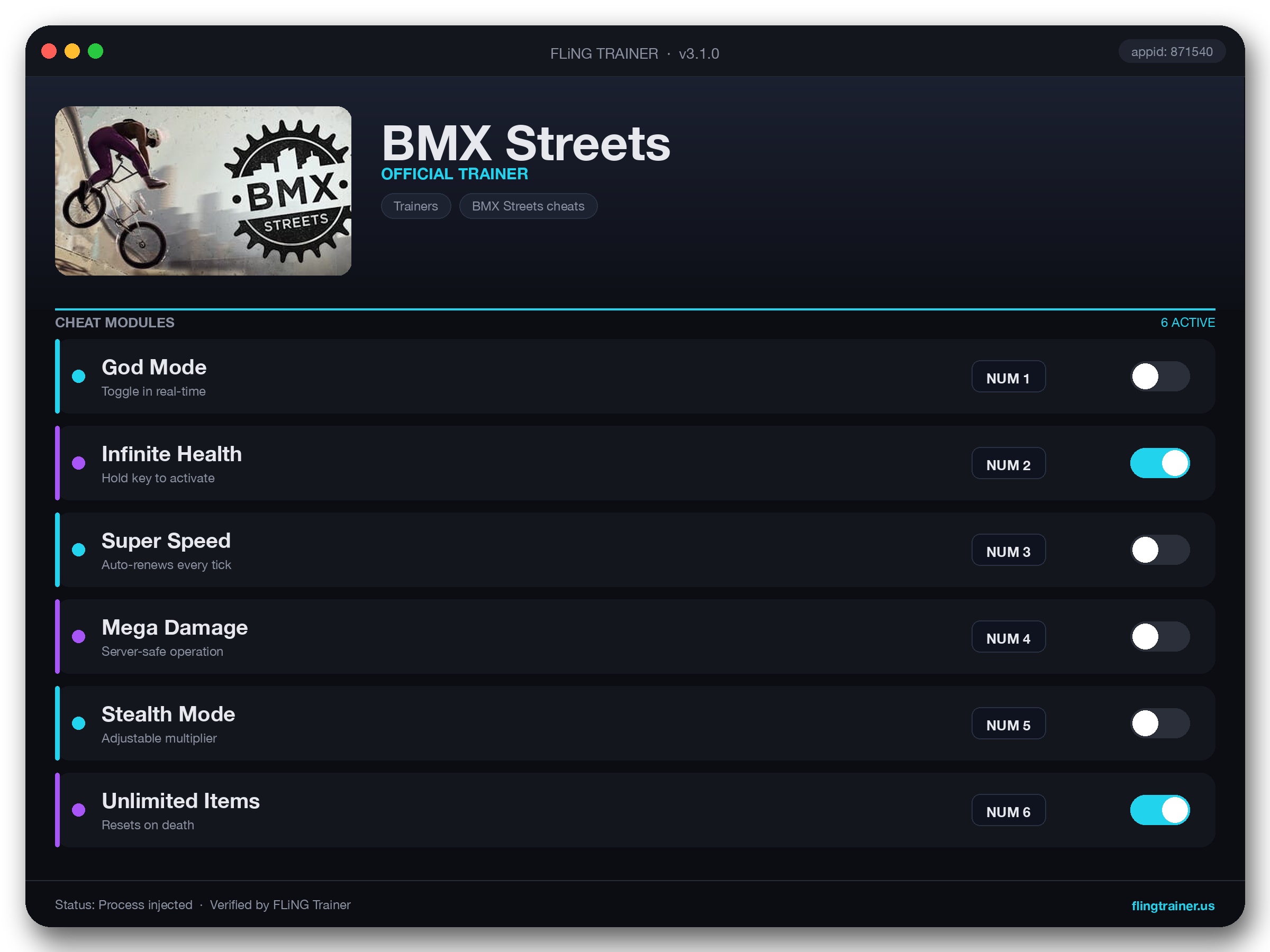 BMX Streets Trainer interface
