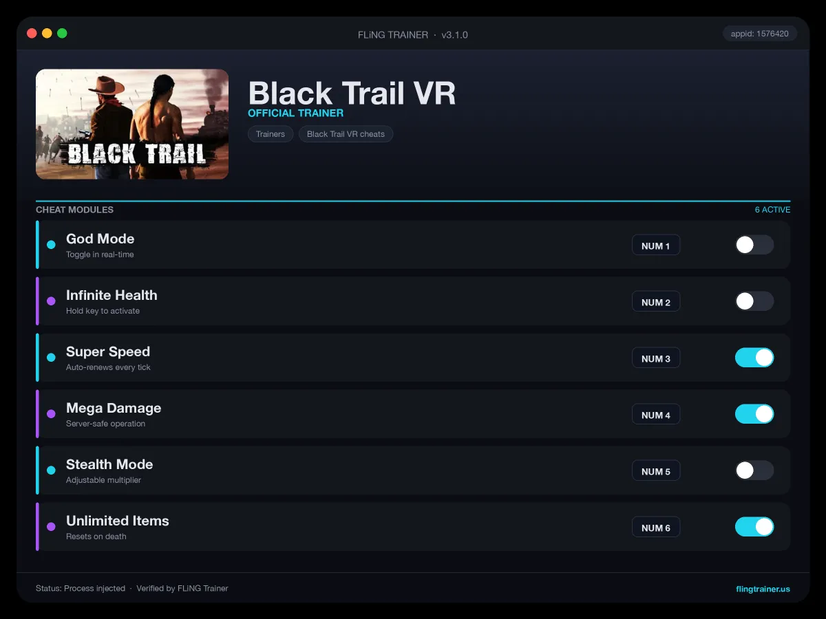 Black Trail VR Trainer interface