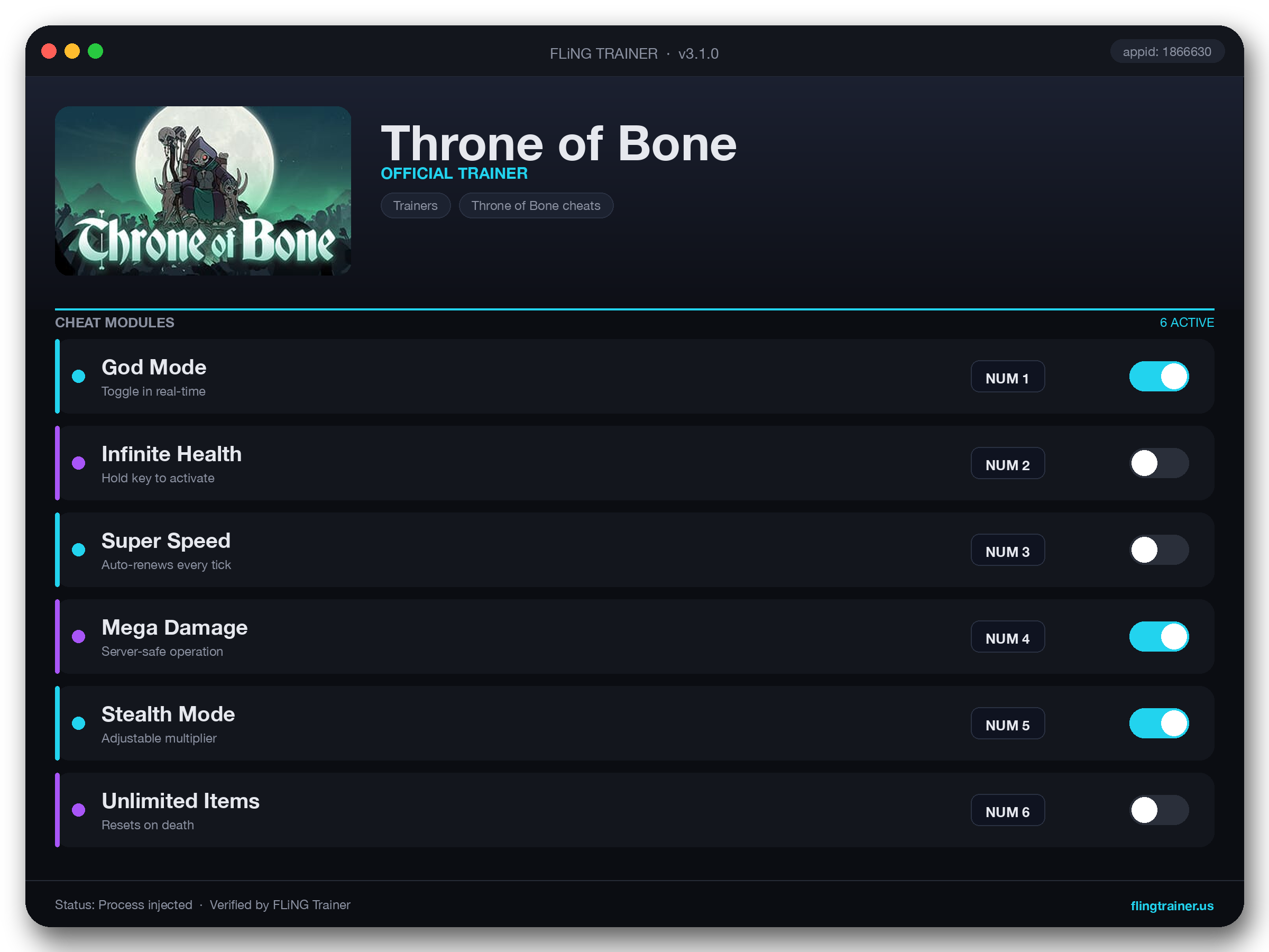 Throne of Bone Trainer interface