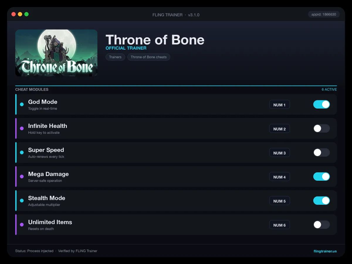 Throne of Bone Trainer interface