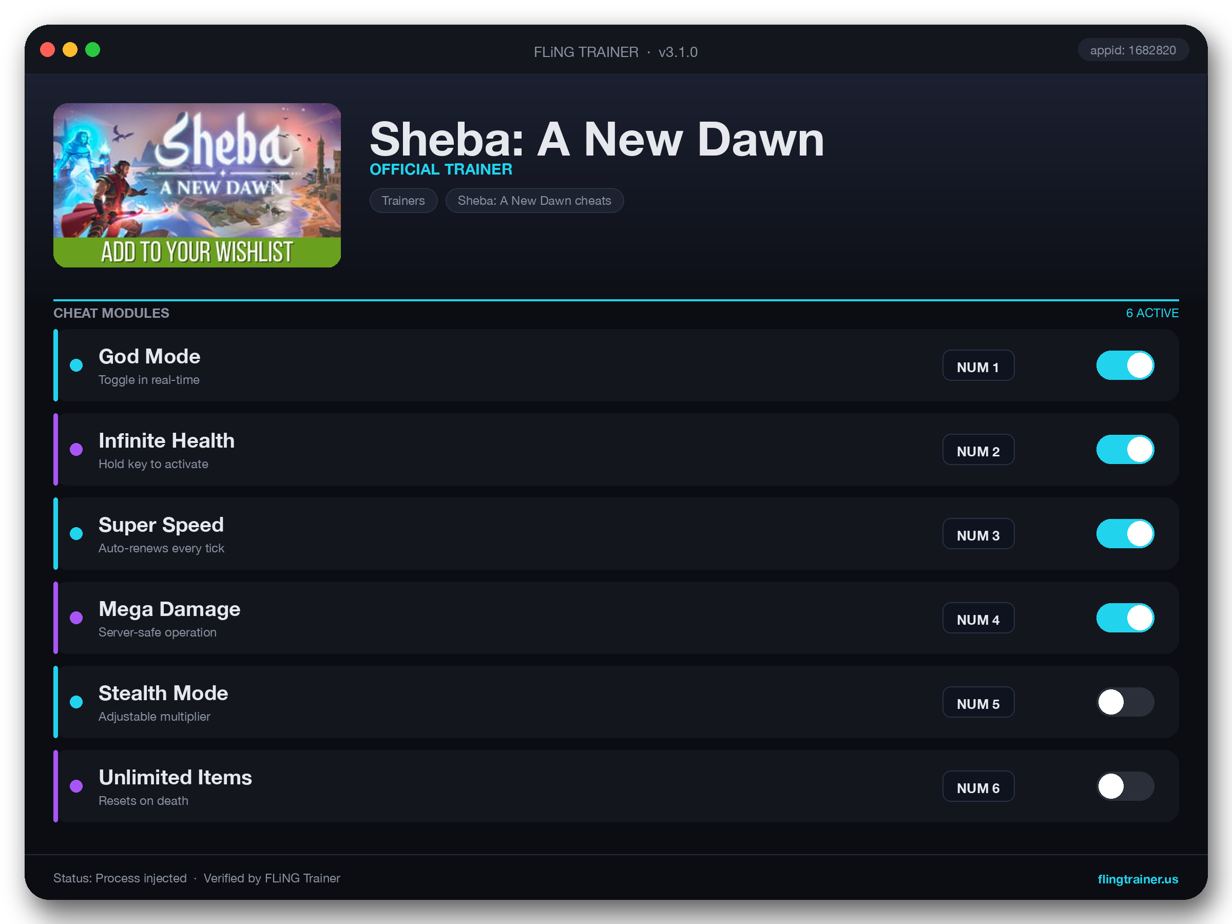 Sheba: A New Dawn Trainer interface