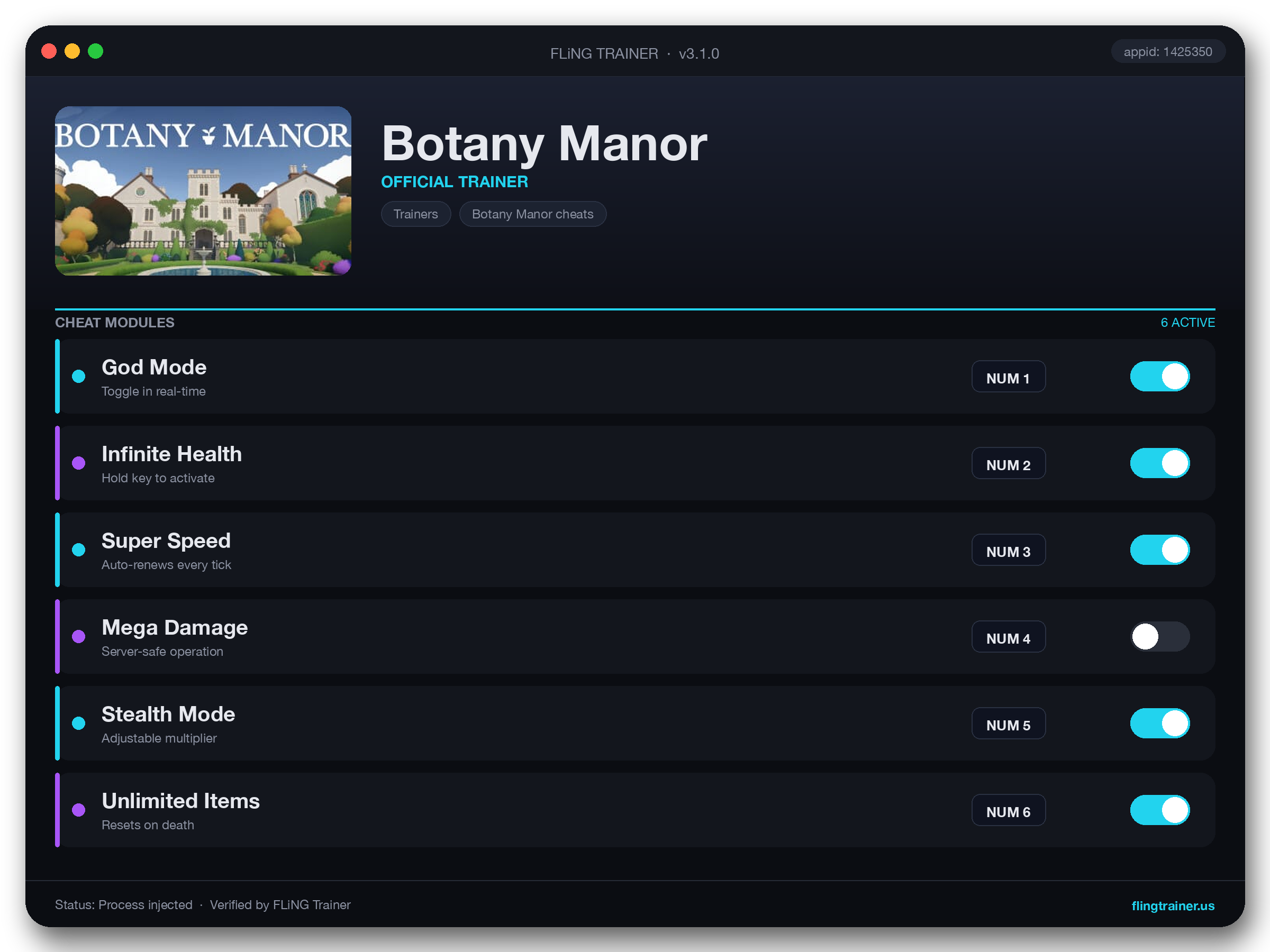 Botany Manor Trainer interface