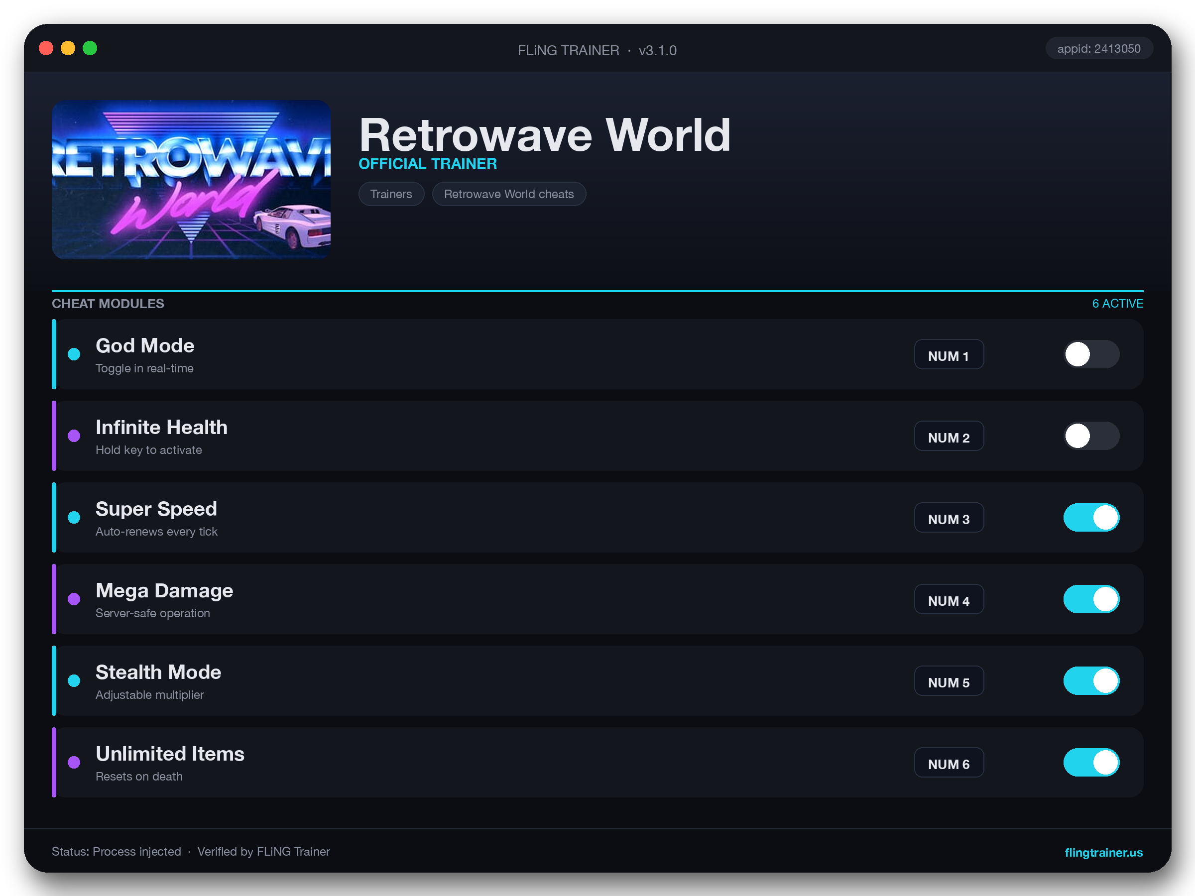 Retrowave World Trainer interface