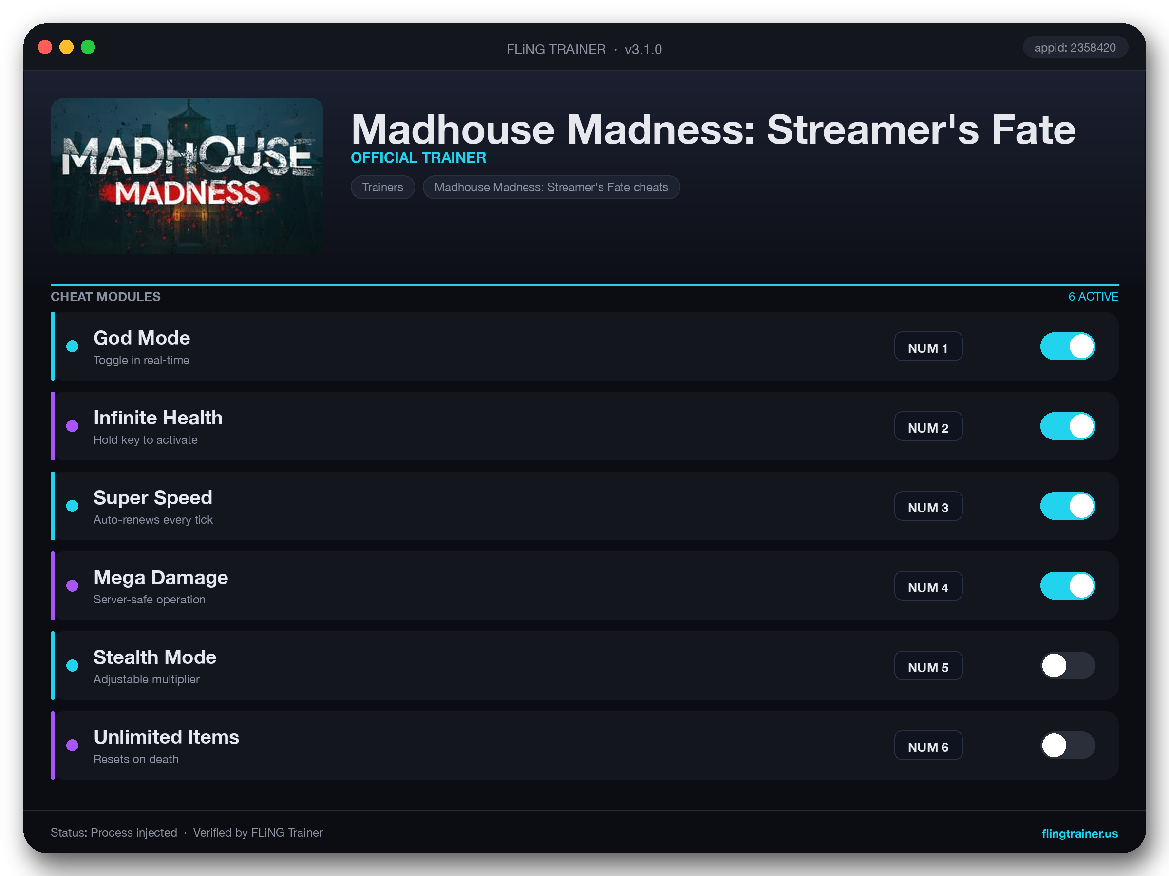 Madhouse Madness: Streamer's Fate Trainer interface
