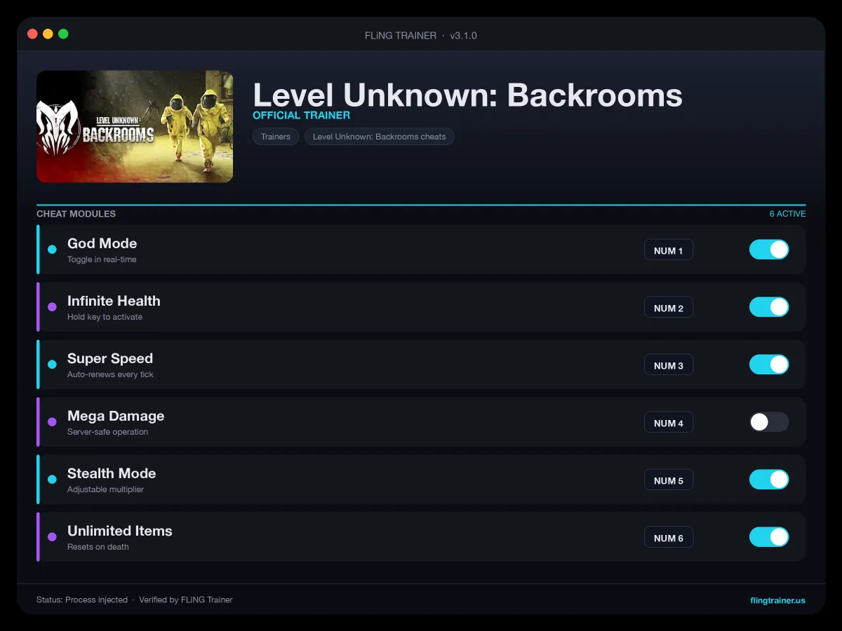 Level Unknown: Backrooms Trainer interface