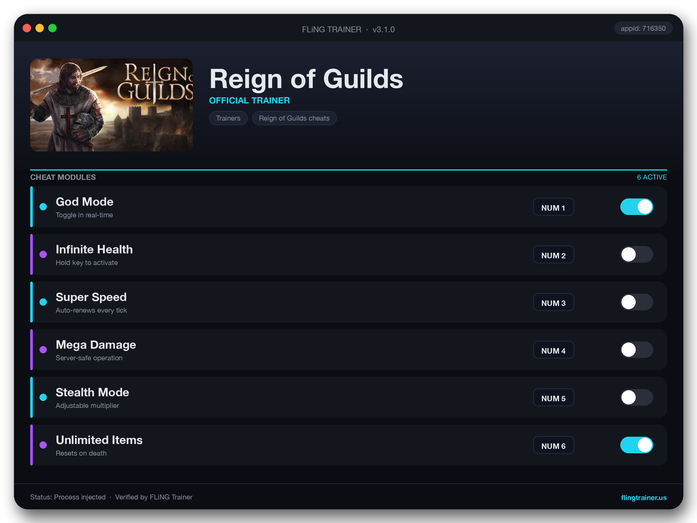 Reign of Guilds Trainer interface